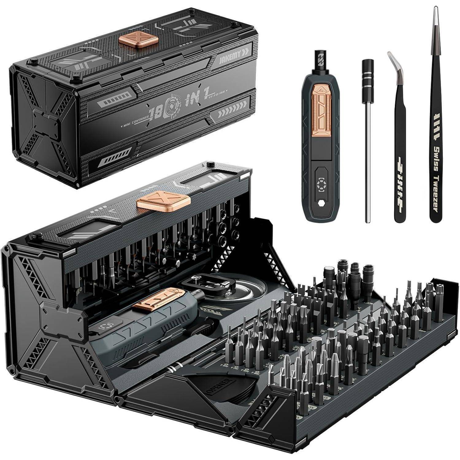 180-in-1 Präzisions-Schraubendreher-Set mit auswechselbaren Bits, magnetischem Aufbewahrungskoffer, flexibler Verlängerung und Pinzettwerkzeugen.