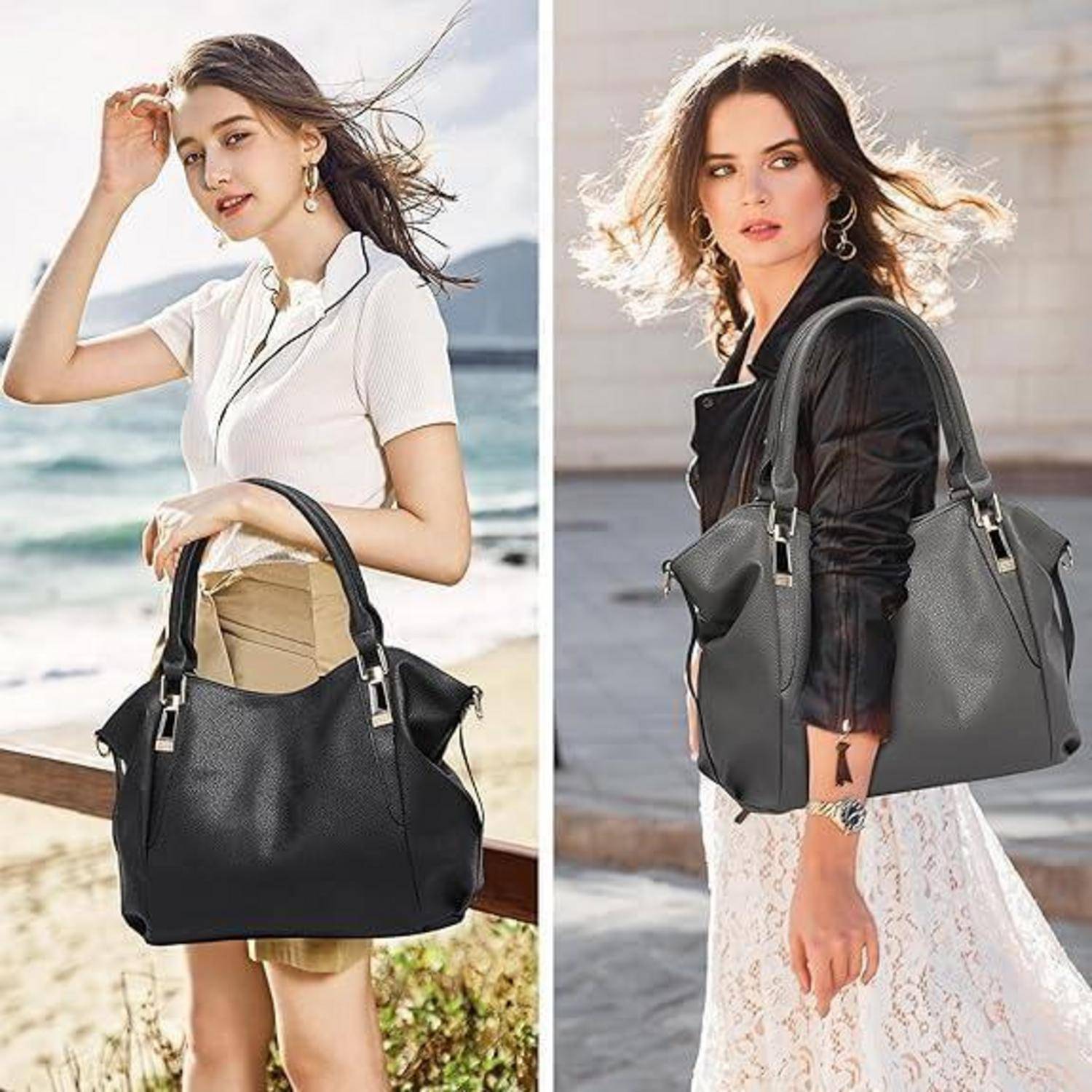 Damen Handtasche Groß Shopper Tote Bag PU Leder Dunkelgrau