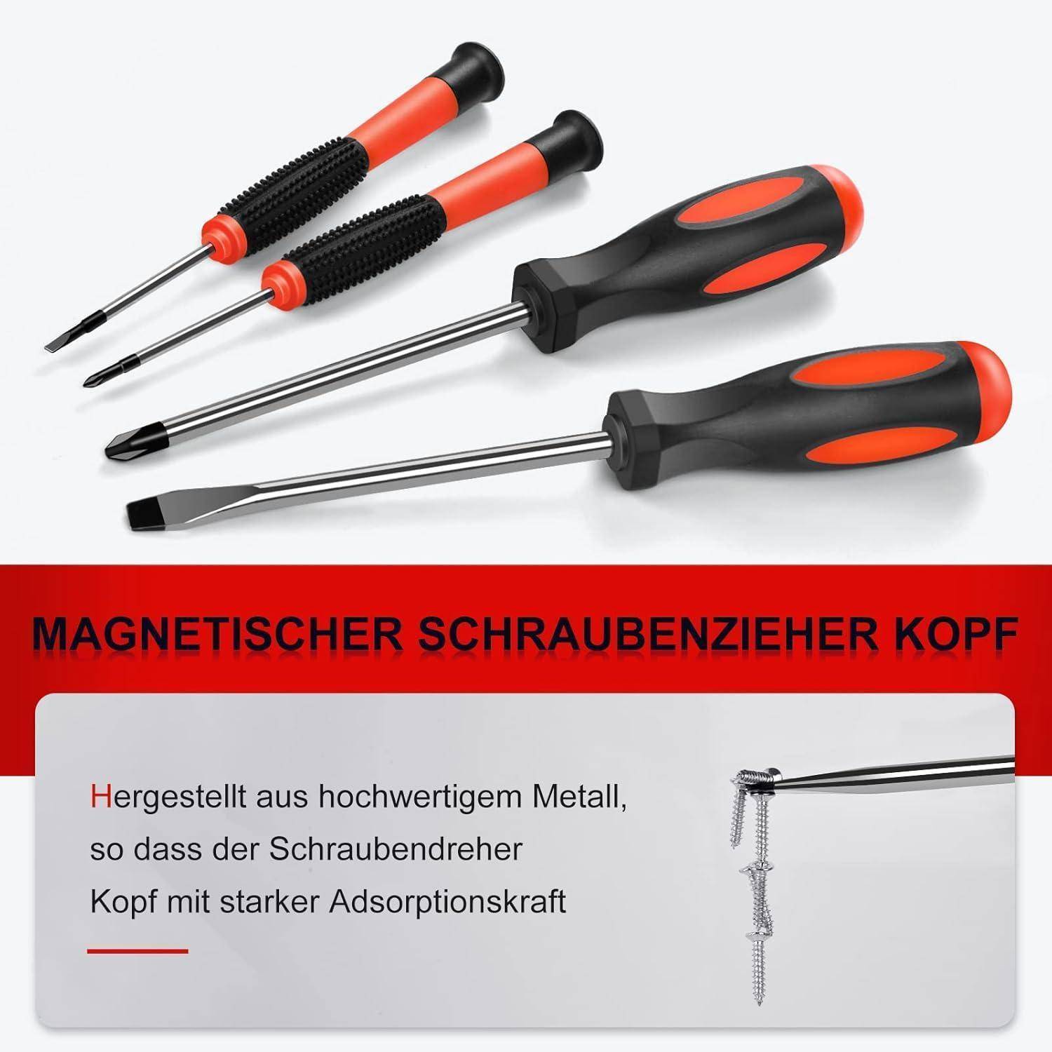 Ein Satz von vier Schraubenziehern mit magnetischen Köpfen. Text: 'Magnetischer Schraubenzieher Kopf'. Bild zeigt Schrauben, die von den Spitzen angezogen werden.
