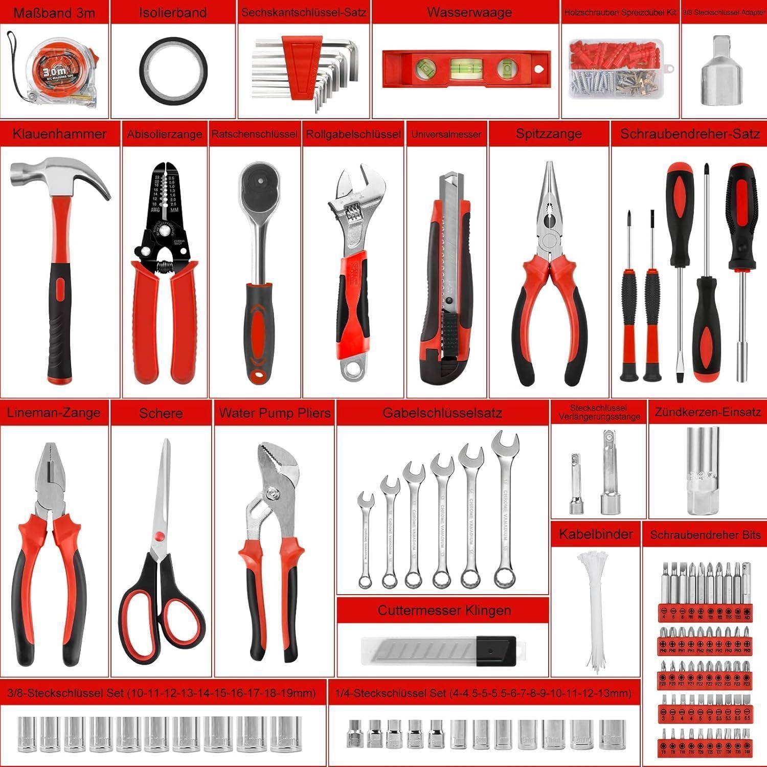 Eine Werkzeugbox mit verschiedenen Werkzeugen: Hammer, Schraubendreher, Zangen, Schraubenschlüssel, Universalmesser, Schere, Maßband und verschiedenen Bits.