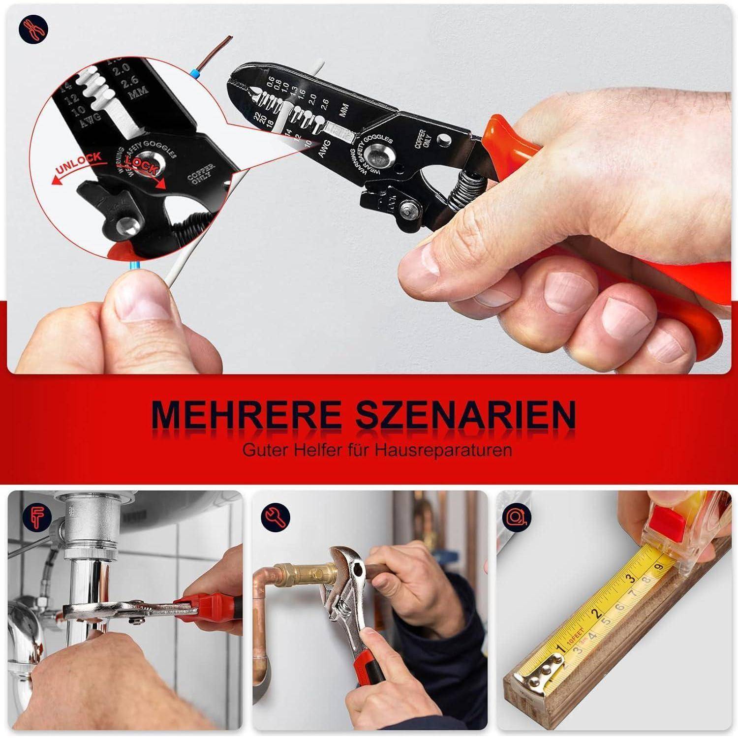 Eine Person verwendet ein Multitool, um einen Draht zu durchtrennen, mit dem Text 'Mehrere Szenarien - Guter Helfer für Hausreparaturen' darunter. Zusätzliche Bilder zeigen Klempnerarbeiten und Messaufgaben.