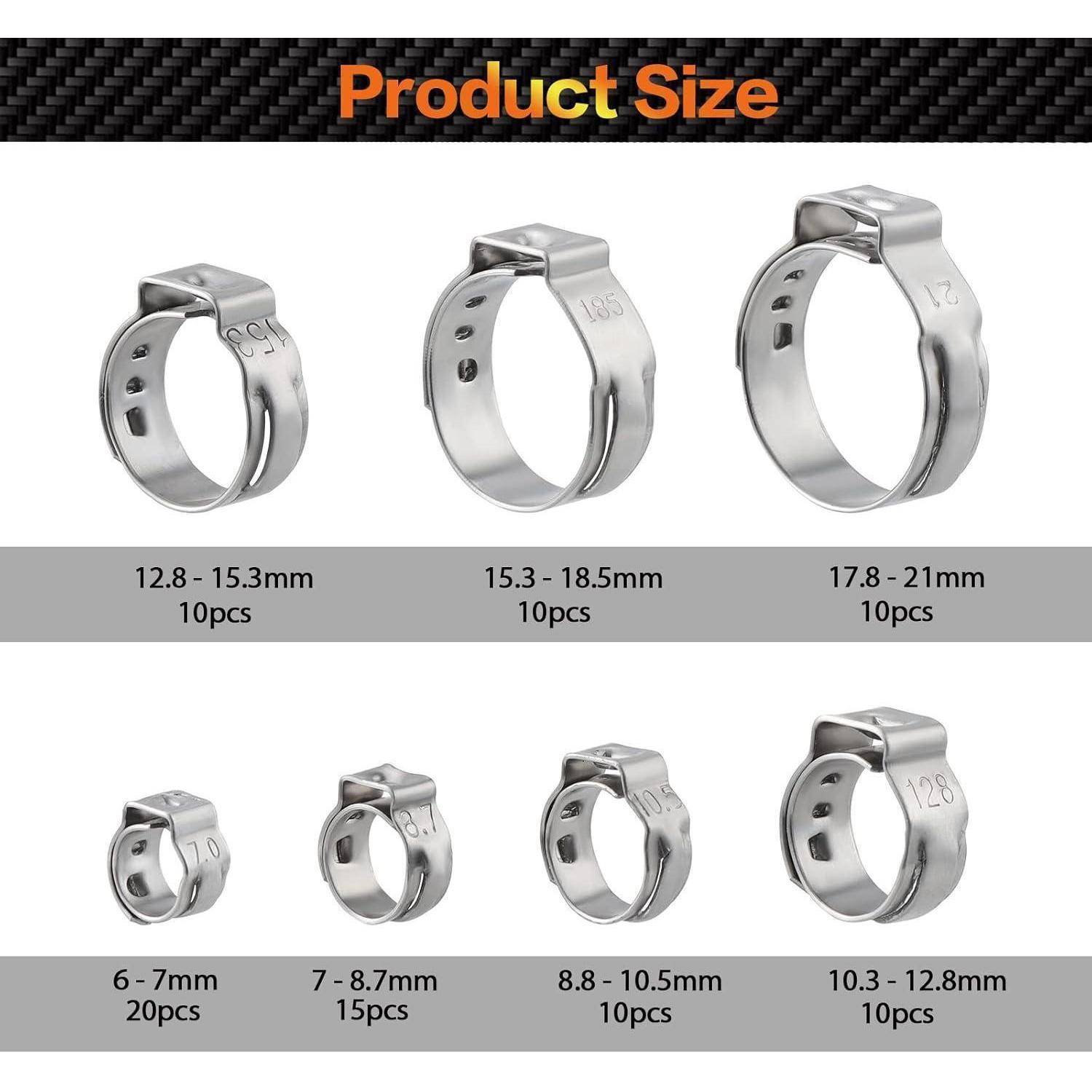 Produktgröße': Darstellung von sieben Metallschlauchschellen in verschiedenen Größen von 6-7 mm bis 17,8-21 mm, jeweils mit Mengenetiketten wie '20 Stück' und '10 Stück'.
