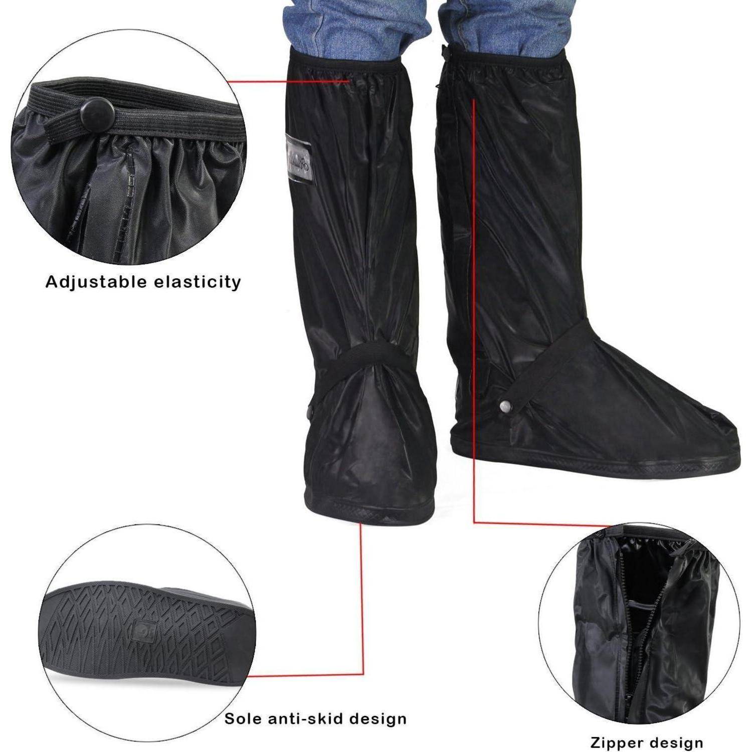 Wasserdichte Überschuhe bedecken Hosen und Schuhe. Zu den Merkmalen gehören einstellbare Elastizität, rutschfeste Sohlengestaltung und Reißverschluss.
