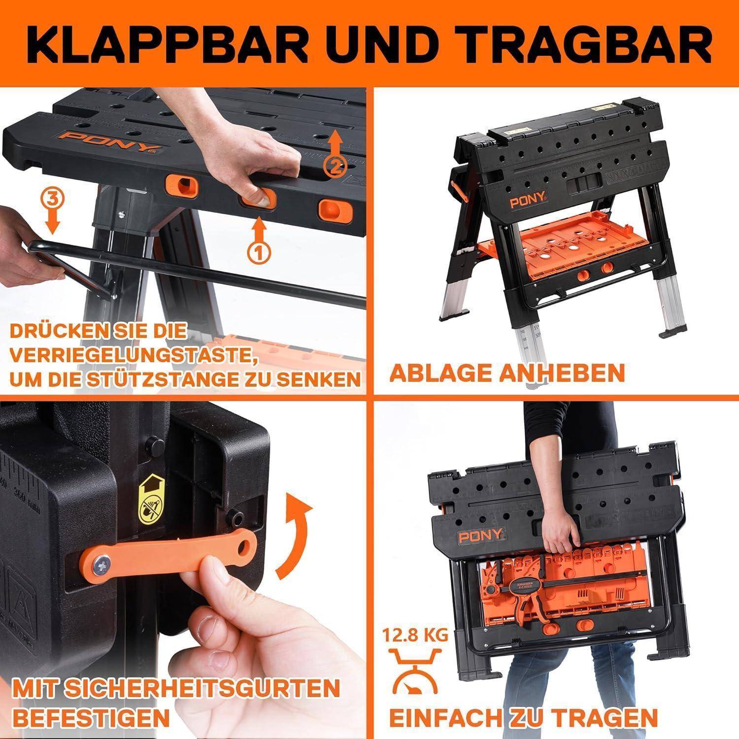 Zusammenklappbare Werkbank-Demonstration: Oben zeigt der Faltmechanismus. Unten werden Sicherheitsmerkmale und Transportfähigkeit hervorgehoben.