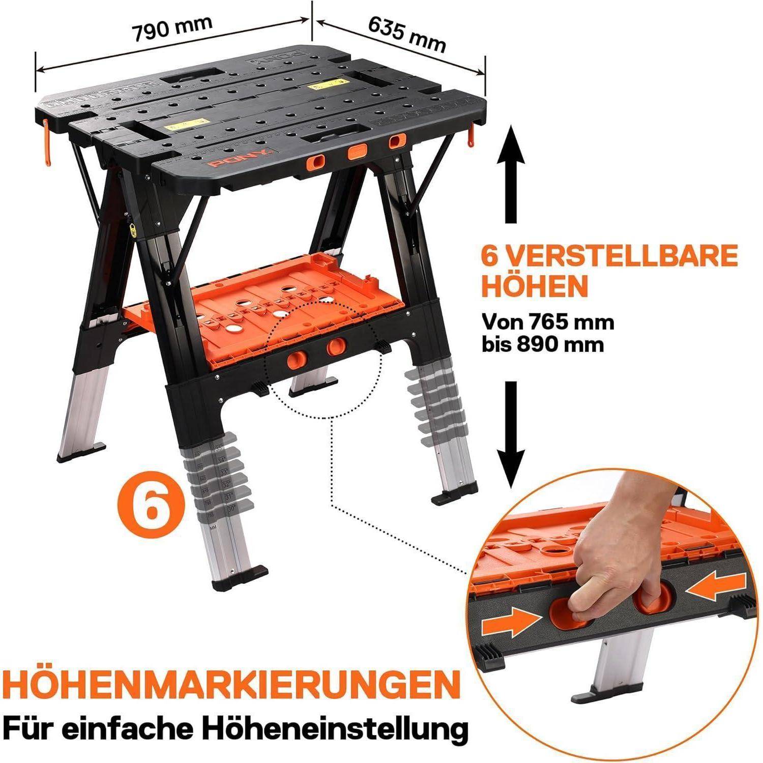 Werkbank mit verstellbarer Höhe von 765 mm bis 890 mm in 6 Stufen. Mit Höhenmarkierungen für einfache Einstellung und Abmessungen: 790 mm breit, 635 mm tief.