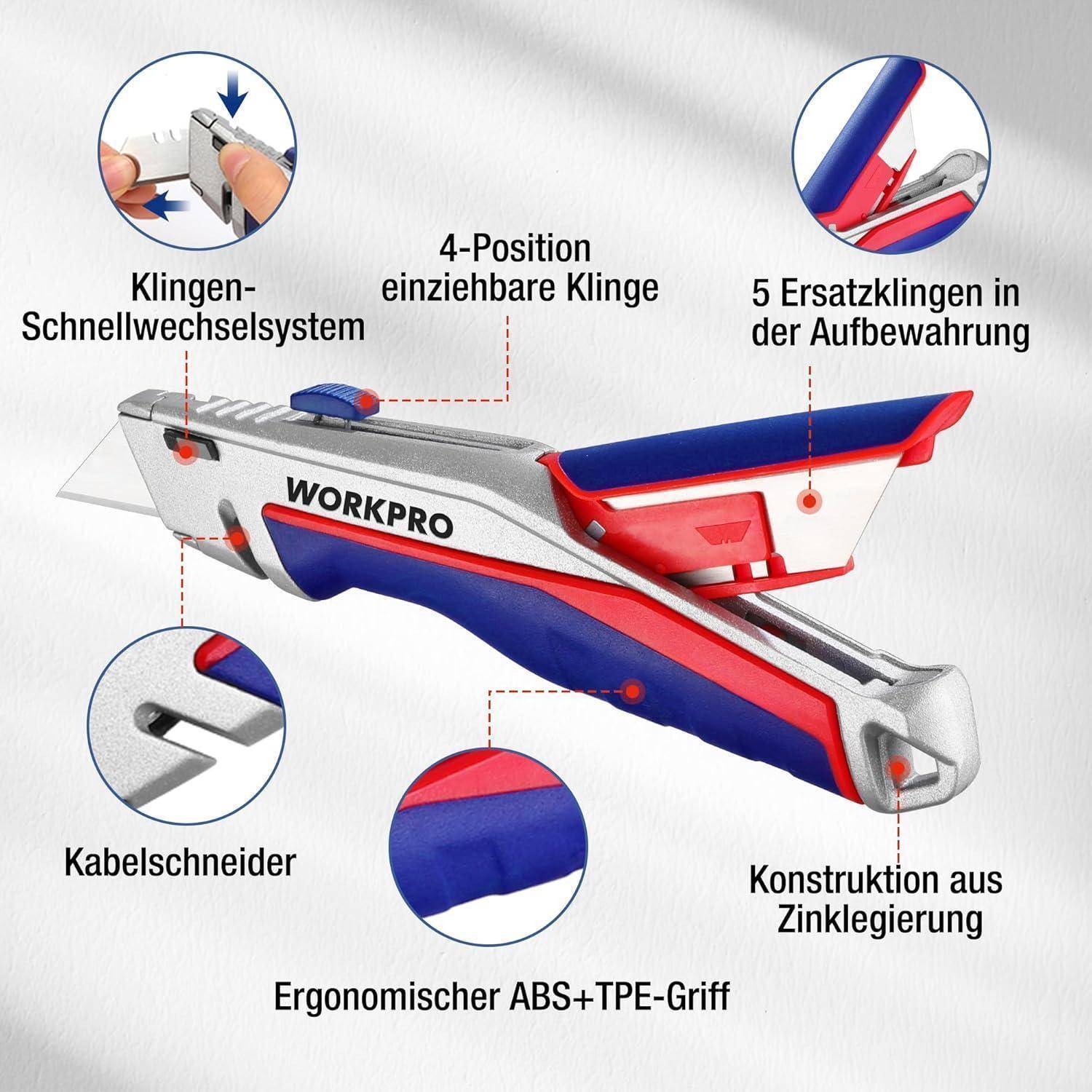 Ein multifunktionales Universalmesser mit schnellem Klingenwechselsystem, Kabelschneider, einziehbarer Klinge, Zinklegierungsgehäuse und ergonomischem Griff.