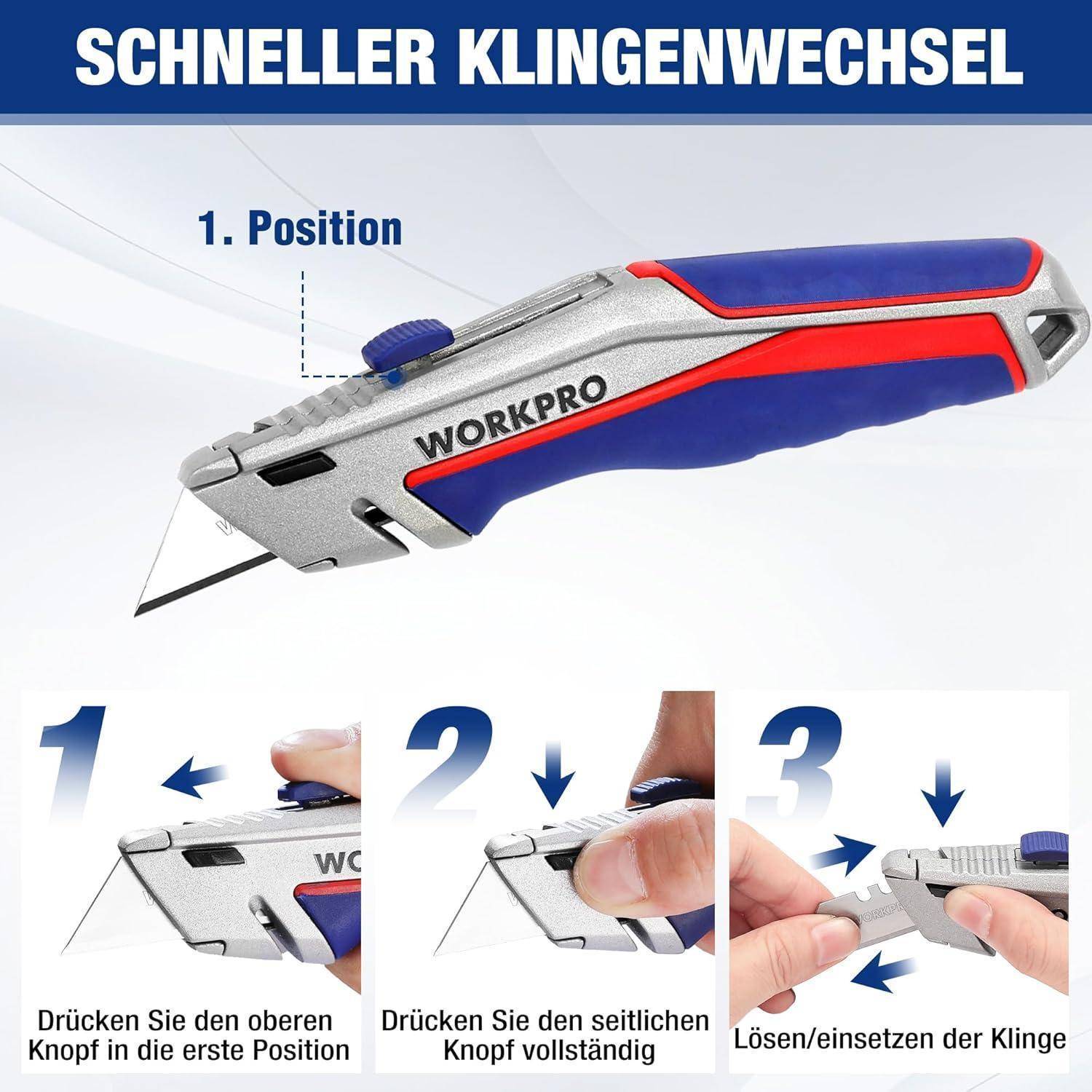 Universalmesser mit Text 'Schneller Klingenwechsel' mit Demonstration des dreistufigen Klingenwechsels: Taste drücken, seitliche Taste schieben, Klinge einsetzen.