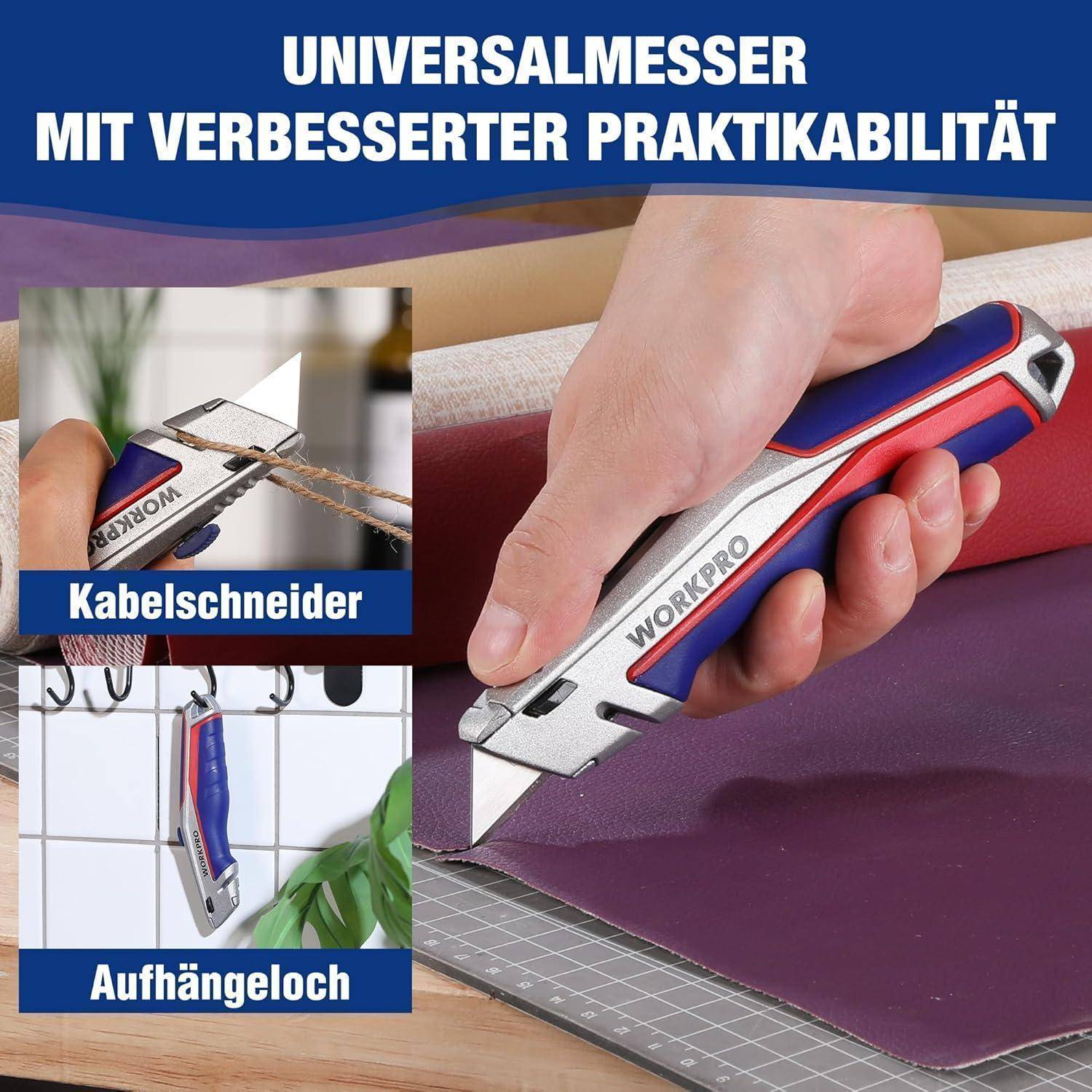 Universalmesser mit ergonomischem Griff auf roter Oberfläche. Text lautet: 
