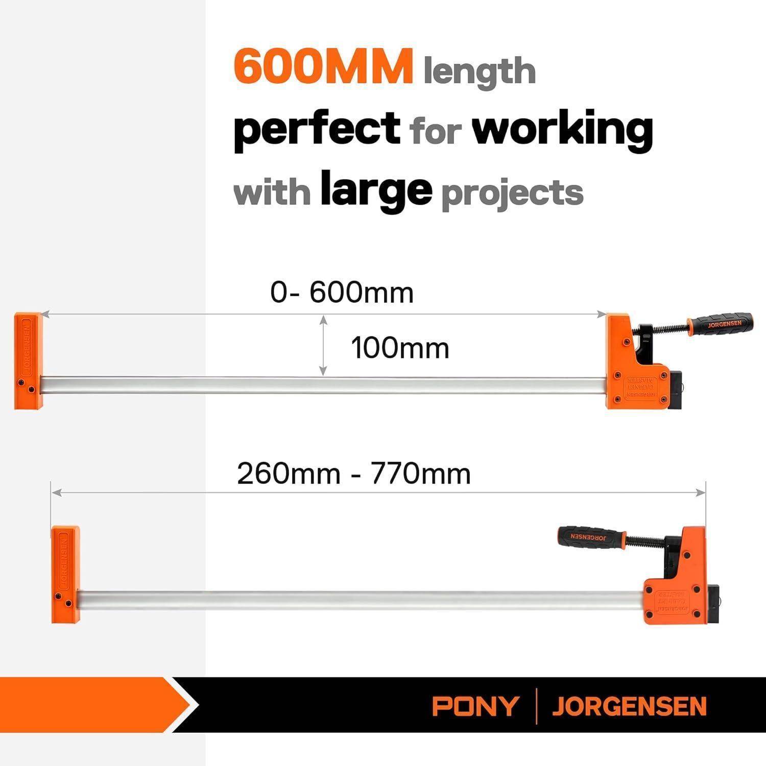 600 mm Länge perfekt für große Projekte.' Abbildung zeigt eine verstellbare Schraubzwinge mit einem Bereich von 0-600 mm und 260 mm-770 mm, mit der Beschriftung 'Pony Jorgensen'.