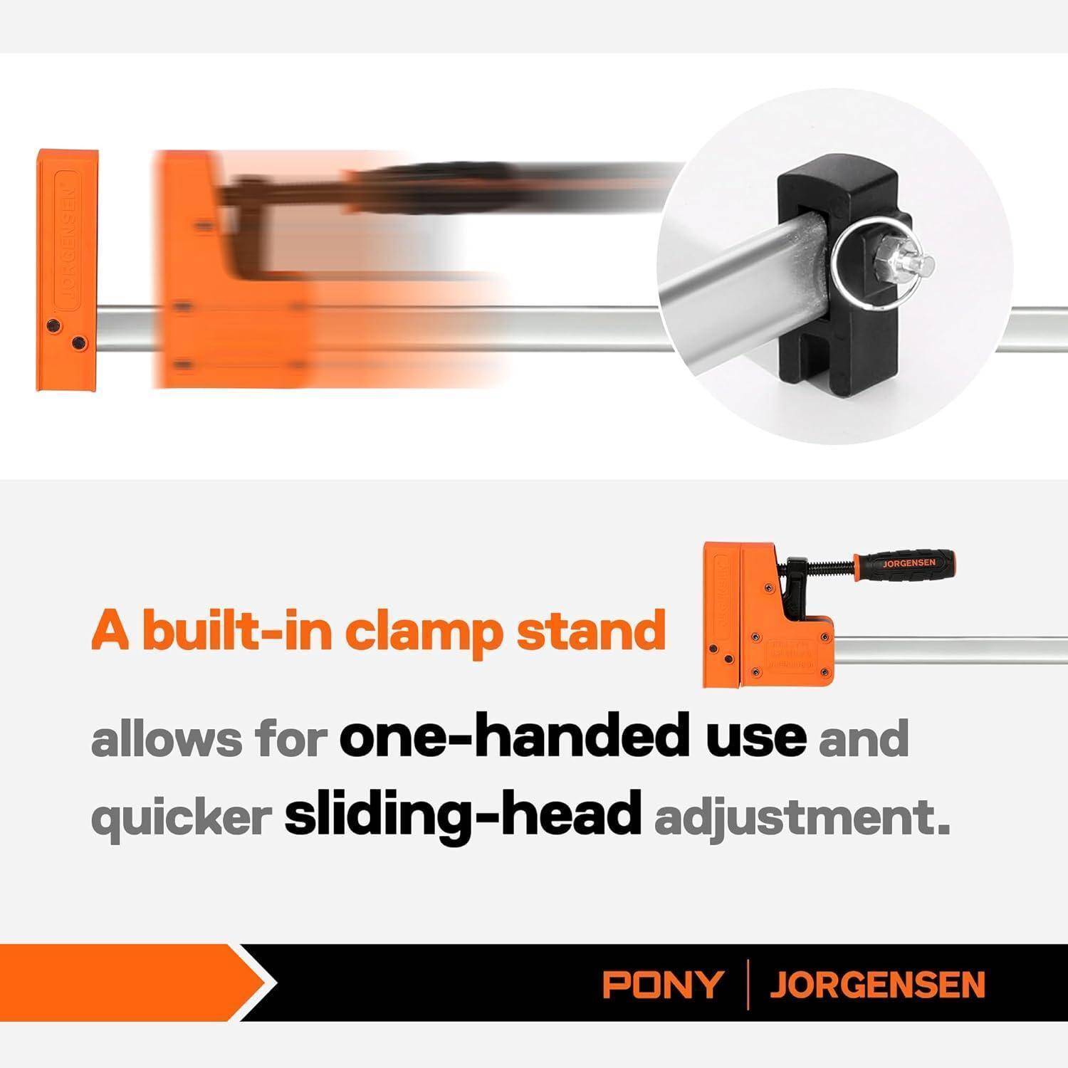 Eine Schiebeklemme mit integriertem Ständer ermöglicht die Bedienung mit einer Hand und schnellere Kopfeinstellungen. Markennamen 'Pony' und 'Jorgensen' werden gezeigt.