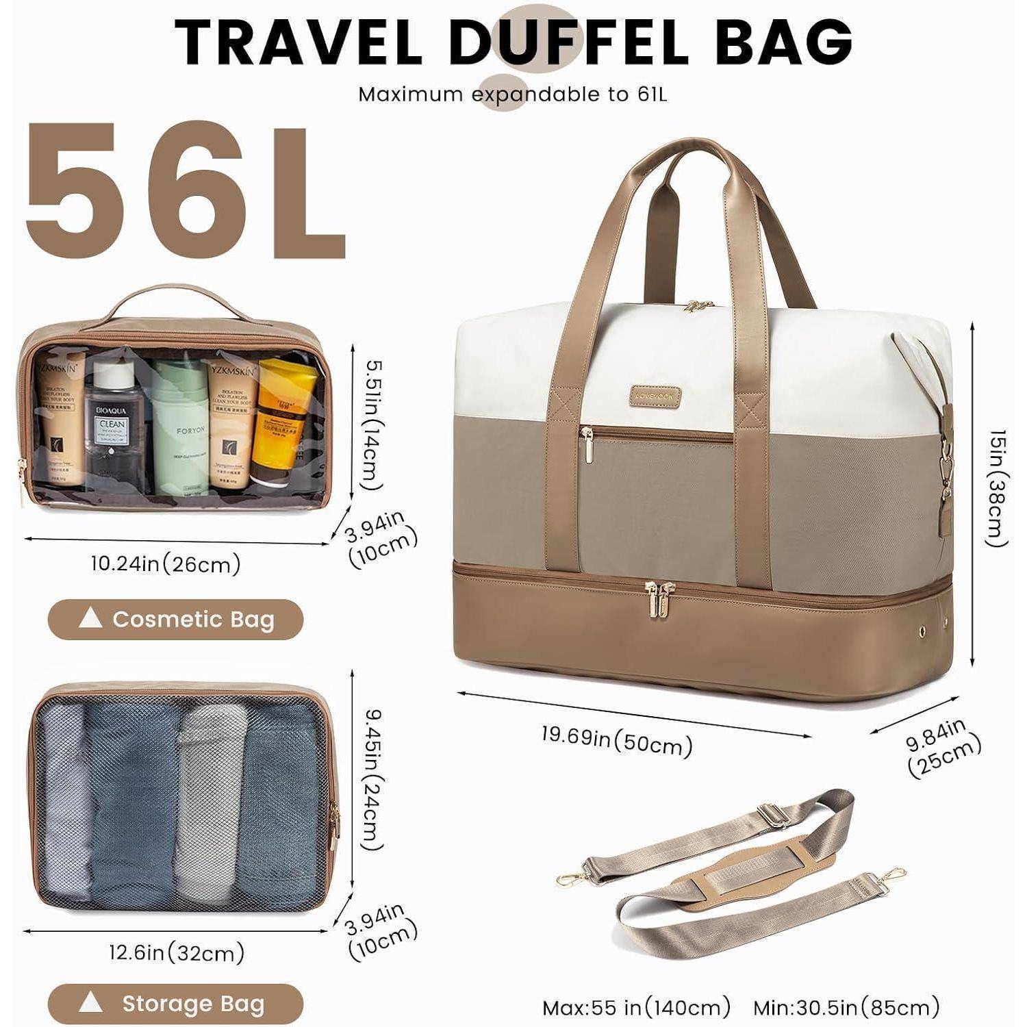 Reisetasche mit 56L Fassungsvermögen; enthält eine Kosmetiktasche mit Toilettenartikeln und eine Aufbewahrungstasche mit Kleidung. Mit Schultergurt ausgestattet.