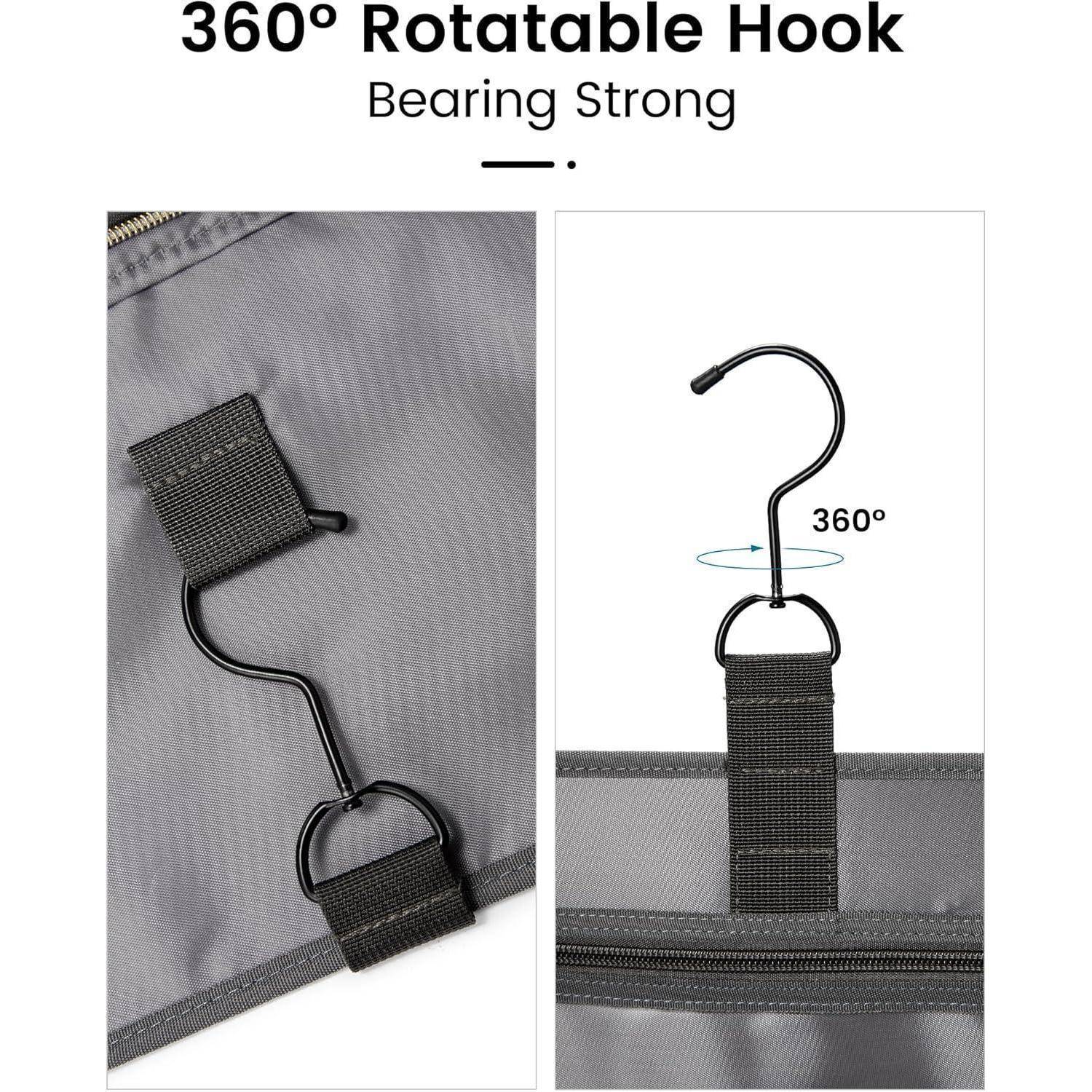 Eine graue Tasche mit einem 360-Grad-drehbaren Haken, der seine starke Traglast durch eine Illustration und ein Foto demonstriert.
