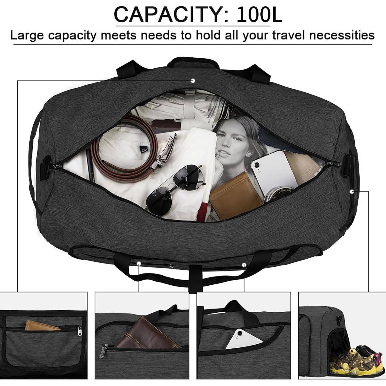 Reisetasche Groß 100L Faltbar Leicht Sporttasche Herren Damen Schwarz