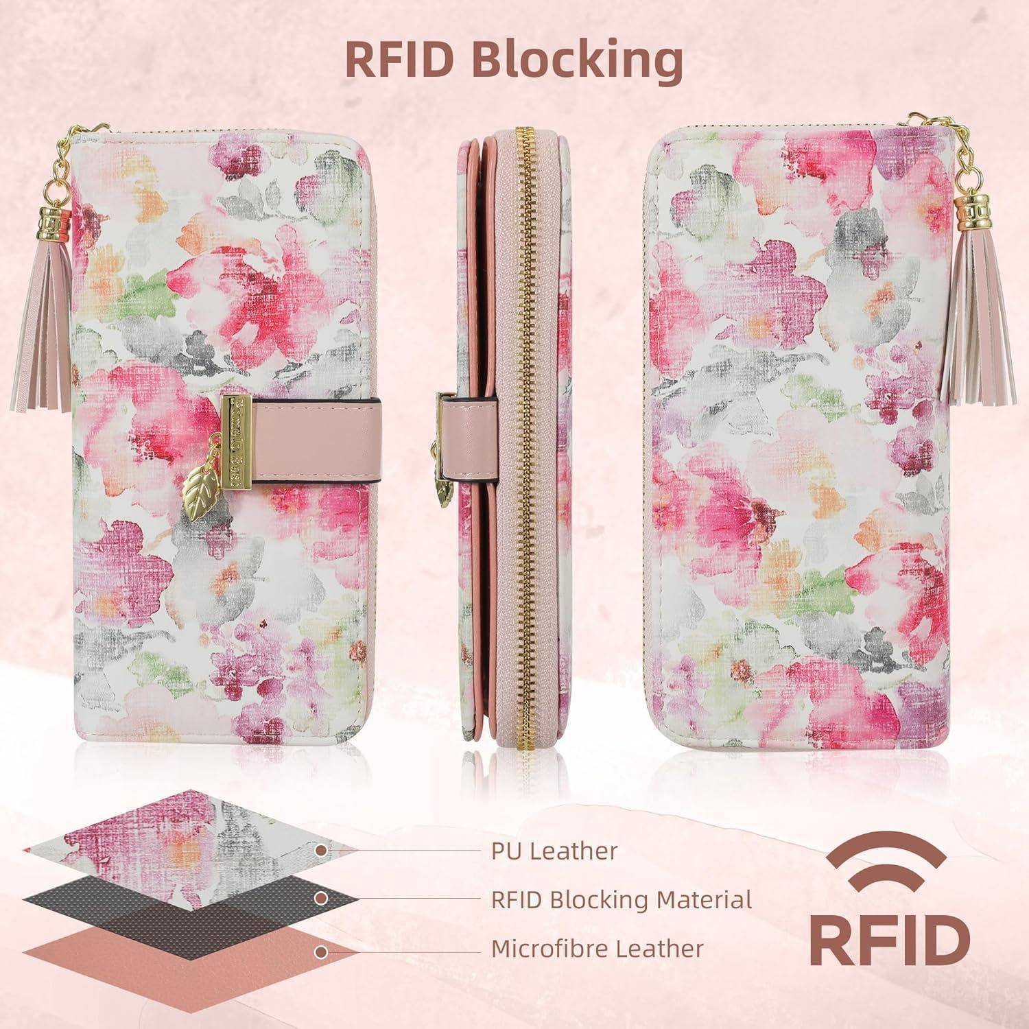 RFID-blockierende Geldbörse mit Blumendesign, geöffnet und geschlossen dargestellt. Hergestellt aus PU-Leder, RFID-blockierendem Material und Mikrofaserleder.