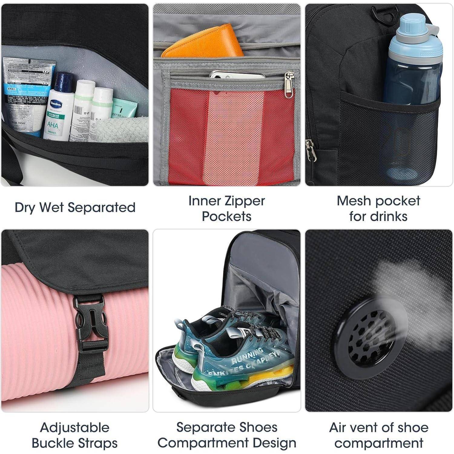 Sechs Bilder, die Merkmale eines Rucksacks zeigen: 'Trocken Nass Getrennt', 'Innere Reißverschlusstaschen', 'Netzfach für Getränke', 'Verstellbare Schnallenriemen', 'Separates Schuhabteils-Design', 'Belüftung des Schuhfachs'.
