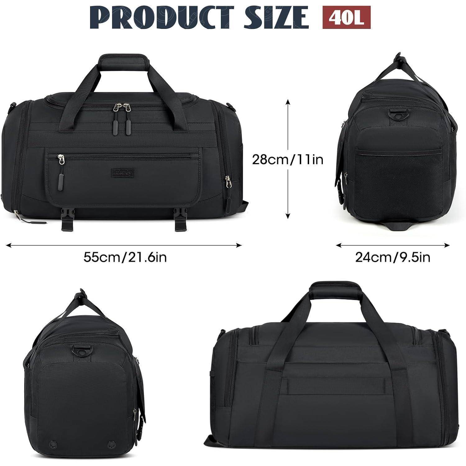 Duffel-Tasche Abmessungen: 55 cm x 28 cm x 24 cm (21,6 Zoll x 11 Zoll x 9,5 Zoll). Schwarzes Design, mit Beschriftung 40 Liter Fassungsvermögen. Mehrere Ansichten gezeigt.