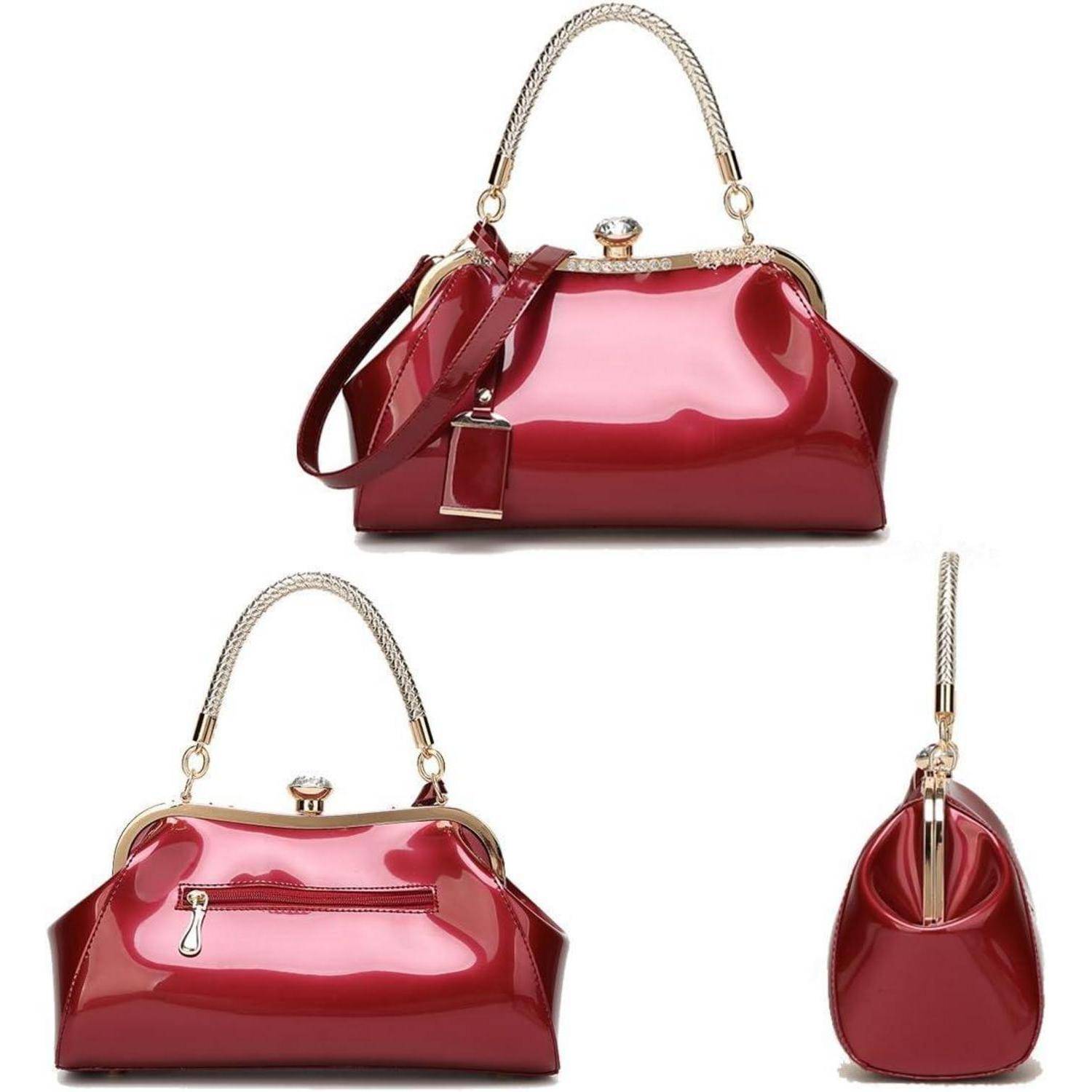 Handtasche Damen Umhängetasche PU Lackleder Hochzeit Cremeweiß