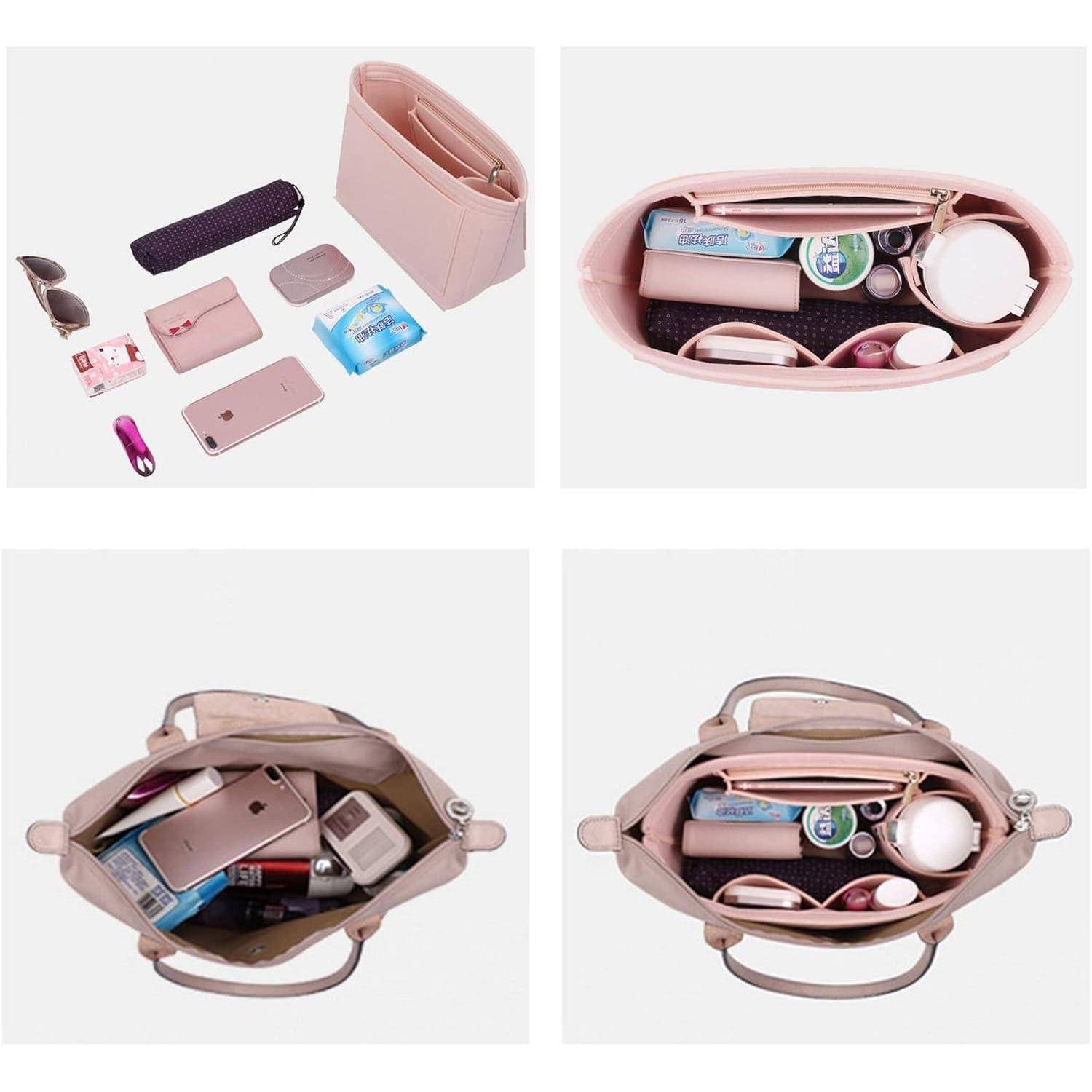 Handtaschenorganizer mit mehreren Fächern; Gegenstände umfassen Sonnenbrille, Handy, Taschentücher, Kosmetik ordentlich angeordnet. Draufsicht.