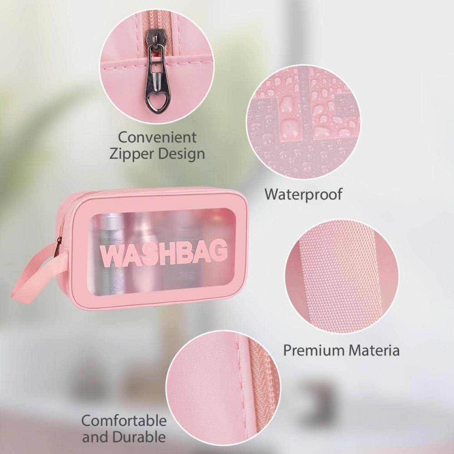 Pinke Kulturtasche mit 'WASHBAG' Aufschrift, ausgestattet mit praktischem Reißverschlussdesign, wasserdichtem Material und robuster, komfortabler Struktur.