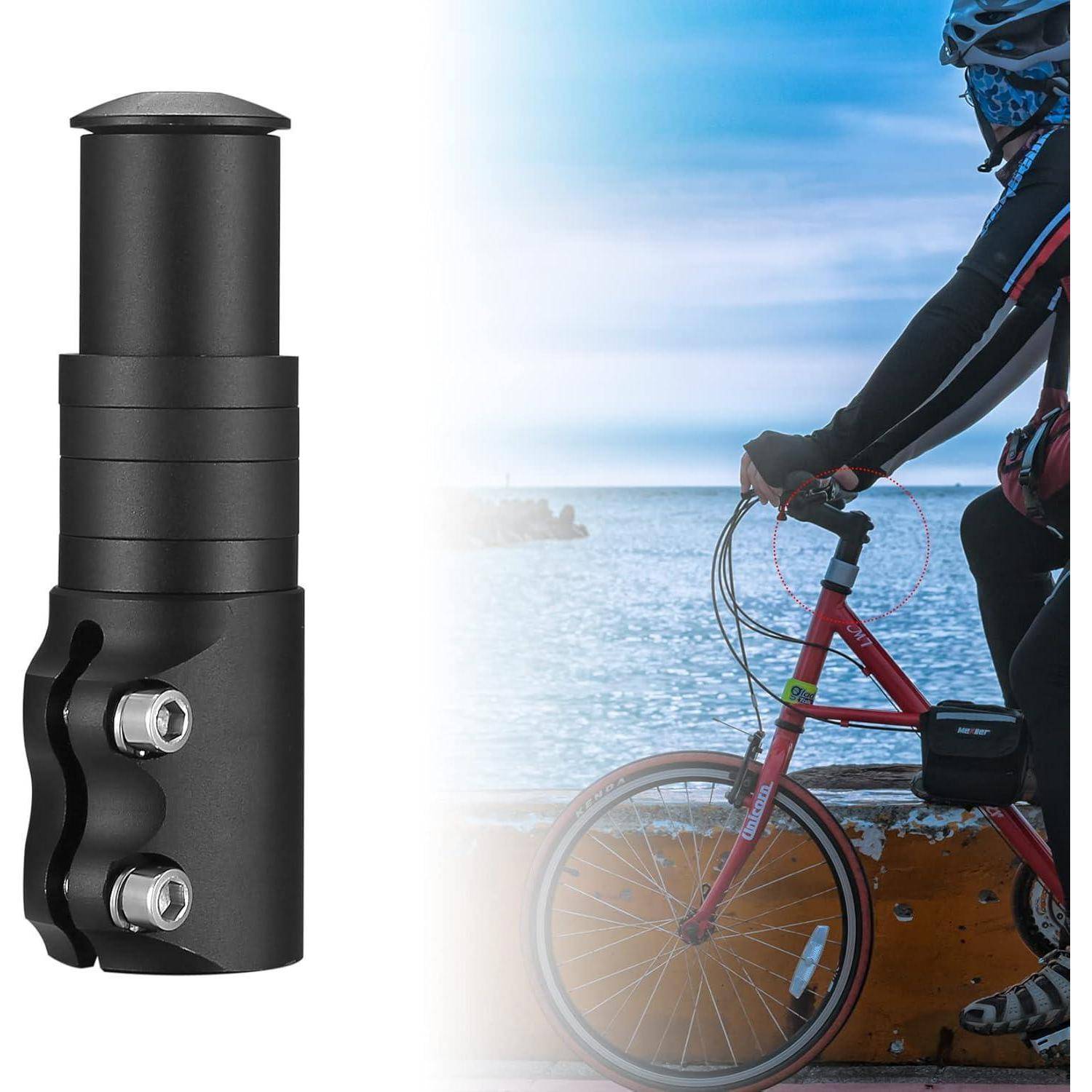 Eine Fahrradlenker-Verlängerung wird neben einer Person gezeigt, die am Meer Fahrrad fährt.