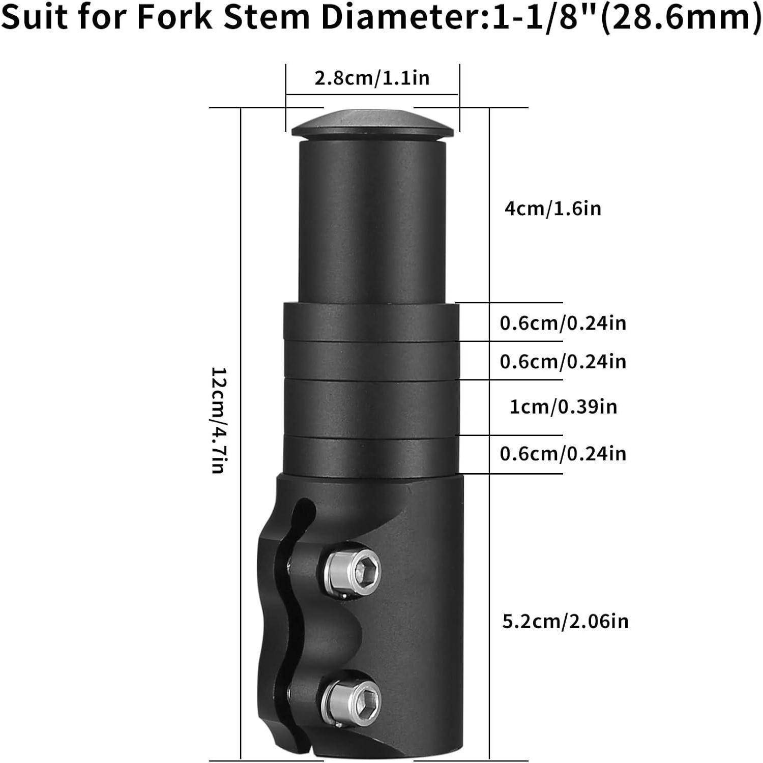 Dimension des Fahrradgabel-Vorbau-Adapters: Höhe 12 cm (4,7 Zoll), Durchmesser 2,8 cm (1,1 Zoll), enthält mehrere Abstandshalter zur Verstellung.