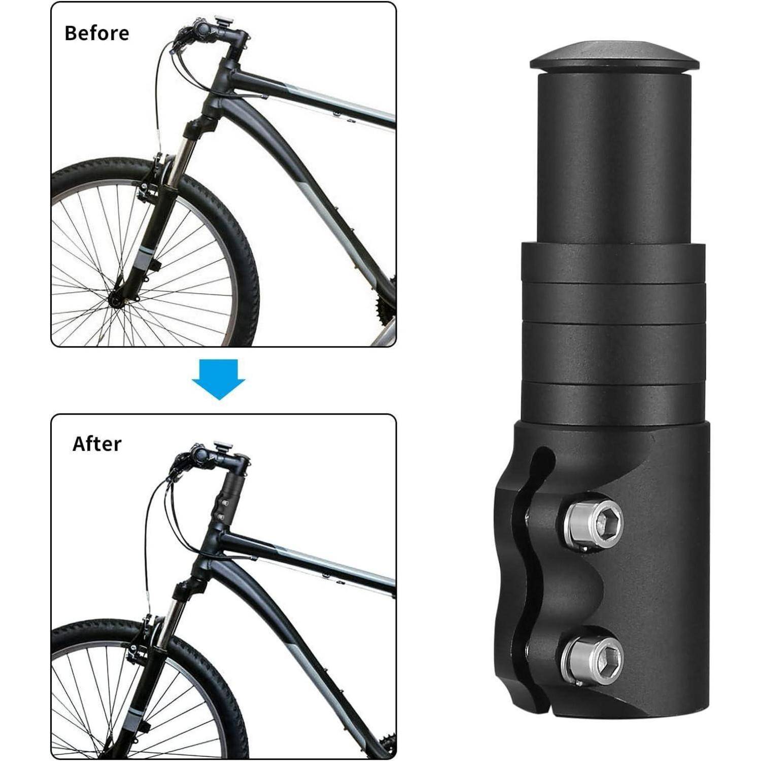 Fahrrad-Frontansicht mit und ohne Lenkerverlängerung. ‚Vorher' zeigt die ursprüngliche Höhe; ‚Nachher' zeigt den verlängerten Lenker für eine erhöhte Höhe.