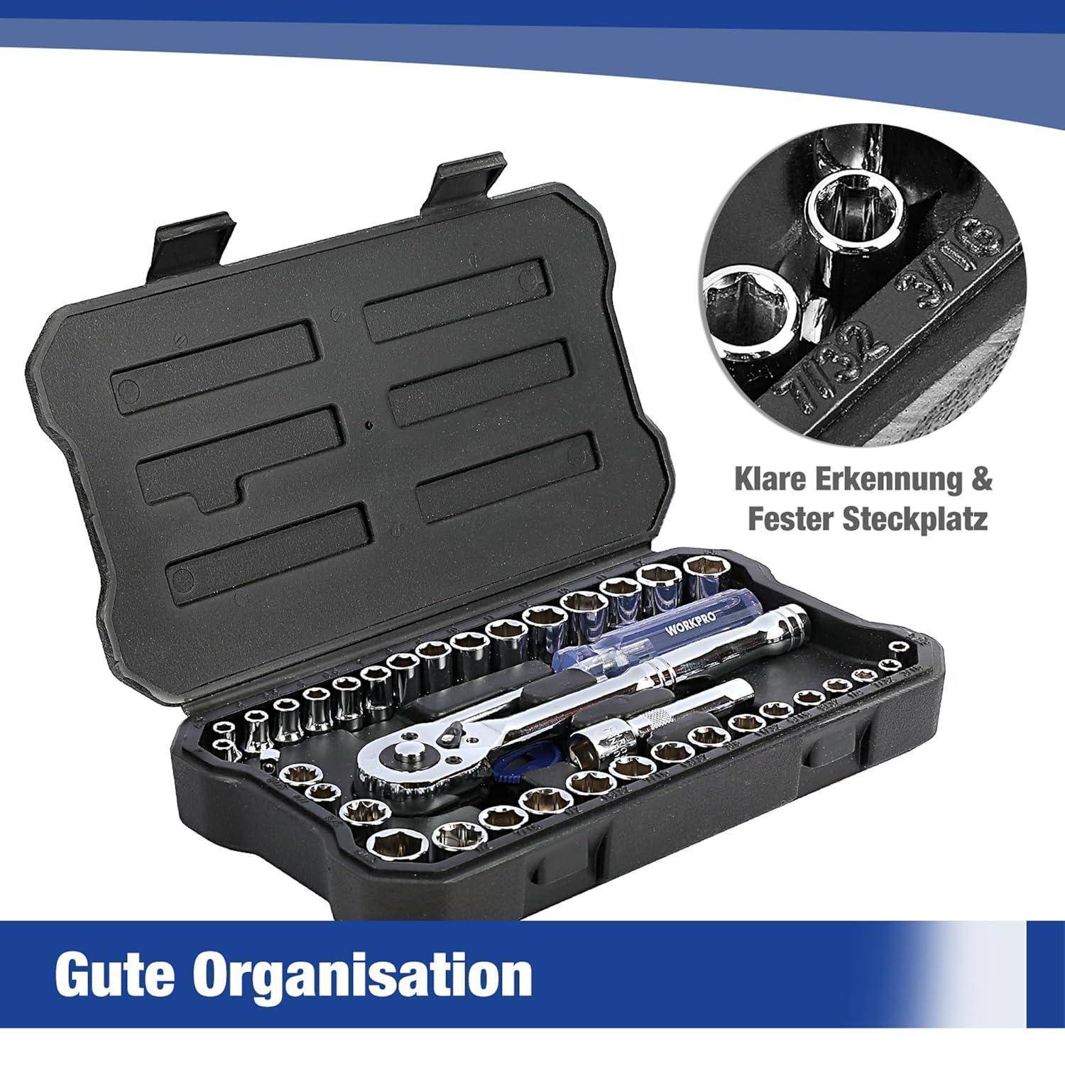 Werkzeugkasten öffnen mit Steckschlüsselsatz, Schraubenschlüssel und Zubehör. Eingesetztes Bild zeigt Steckschlüssel in Nahaufnahme. Text lautet 'Gute Organisation'.