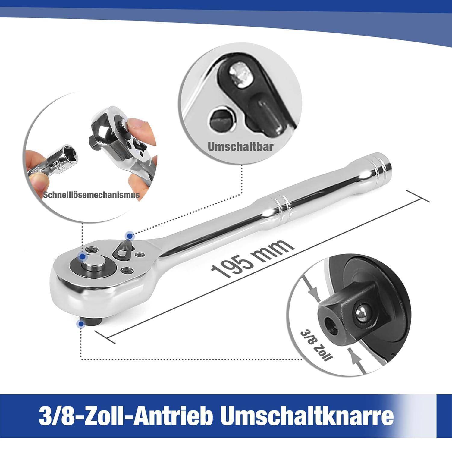3/8-Zoll-Antrieb Umschaltknarre, 195 mm Länge, umschaltbar, mit Schnellauslösemechanismus.
