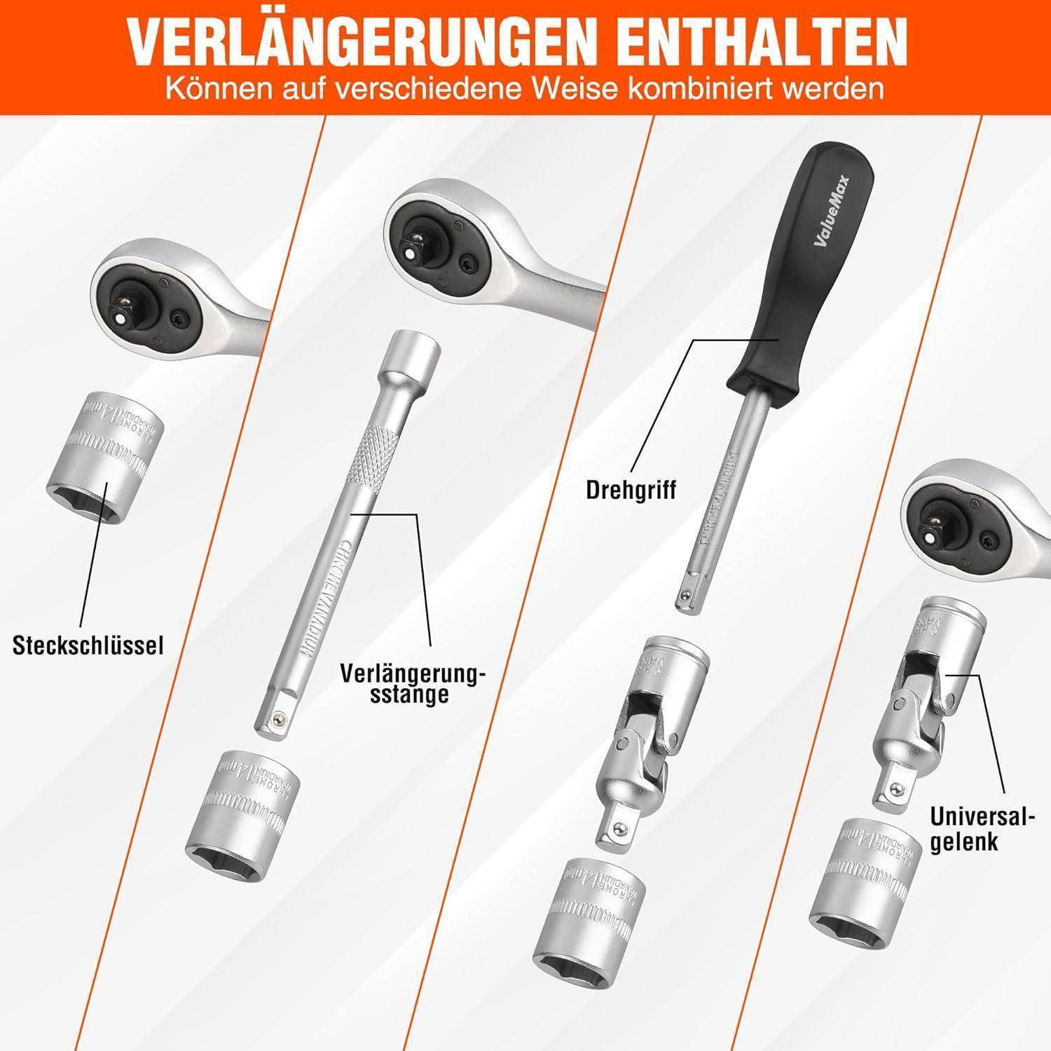 Ratschenwerk-Werkzeugsatz mit verschiedenen Komponenten einschließlich einer Stecknuss, einer Verlängerung, einem Griff und einem Kardangelenk. Text lautet: 'Verlängerungen enthalten'.