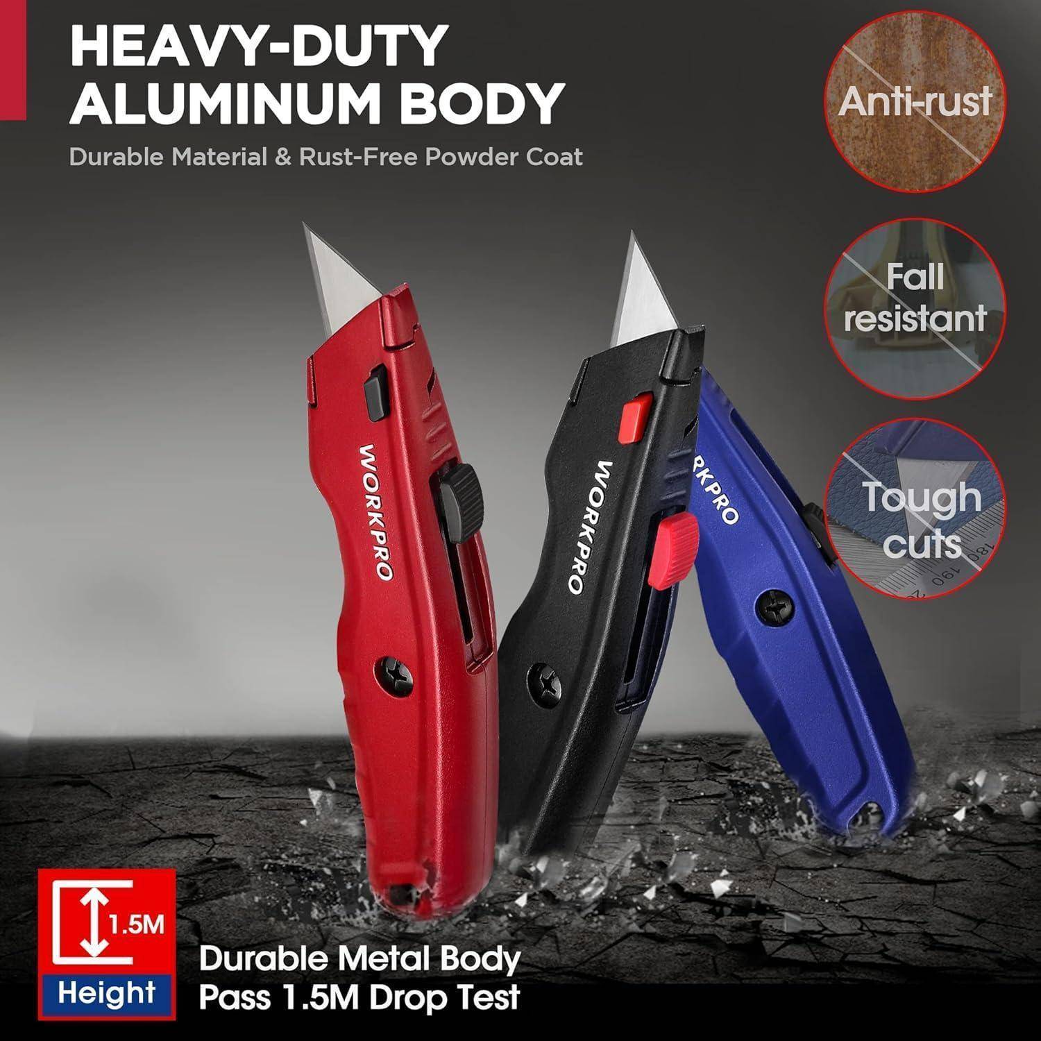 Robuste Utility-Messer mit einem Aluminiumgehäuse in Rot, Schwarz und Blau. Eigenschaften umfassen Rostbeständigkeit, Sturzfestigkeit und präzise Schnitte.