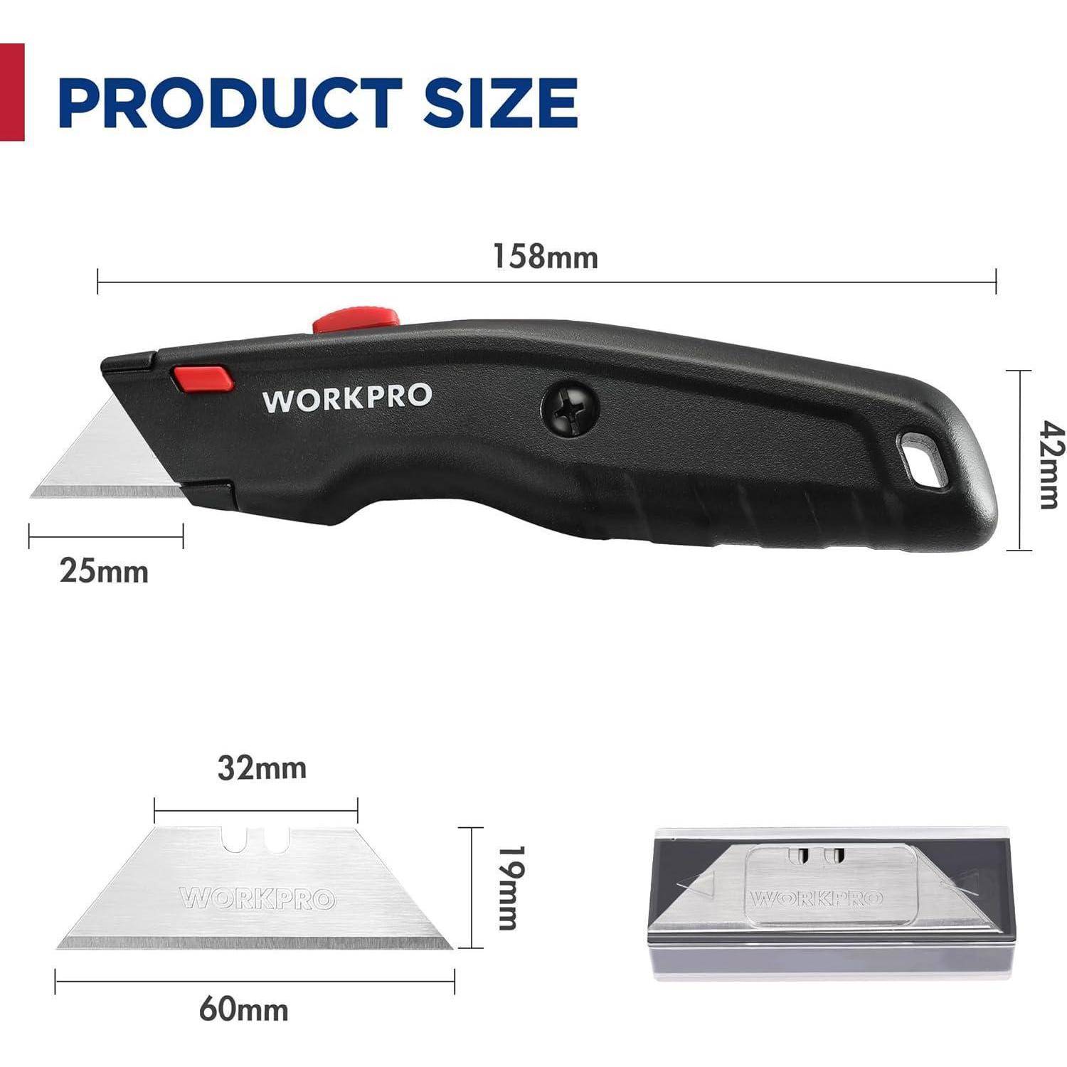 Das Bild zeigt ein Universalmesser mit der Bezeichnung 'WORKPRO' und folgenden Abmessungen: 158 mm Länge, 25 mm Höhe. Klingenabmessungen: 60 mm Breite, 19 mm Höhe.