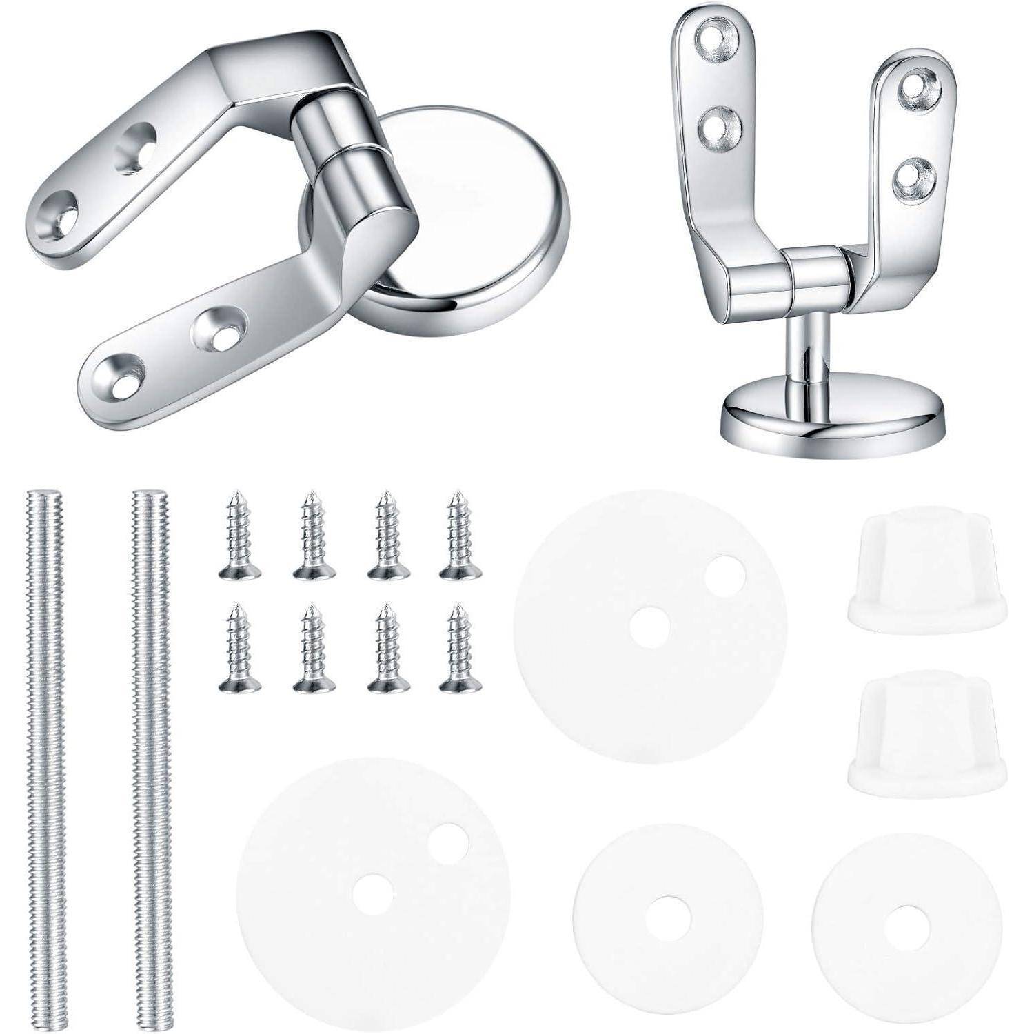 Türstopper-Set mit silberner Metalloberfläche, bestehend aus zwei Scharnieren, Schrauben, zwei langen Bolzen, Kunststoffscheiben und zwei weißen Abdeckkappen.