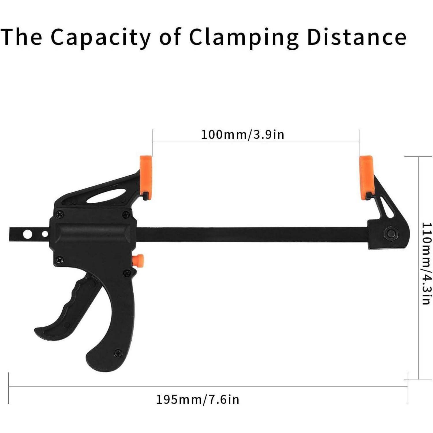 Klemme mit einer Klemmweite von 100 mm/3,9 Zoll, Gesamtlänge von 195 mm/7,6 Zoll und einer Höhe von 110 mm/4,3 Zoll.