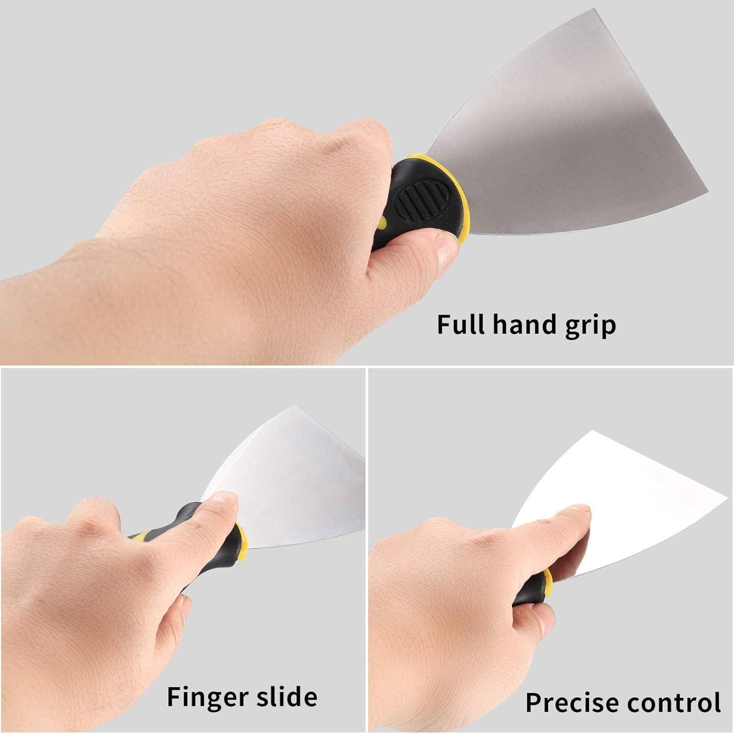 Hand mit einem Malerspachtel und verschiedenen Griffarten: Draufsicht zeigt ‚Voller Handgriff'; zweite zeigt ‚Fingergleiten'; dritte zeigt ‚Präzise Kontrolle'.