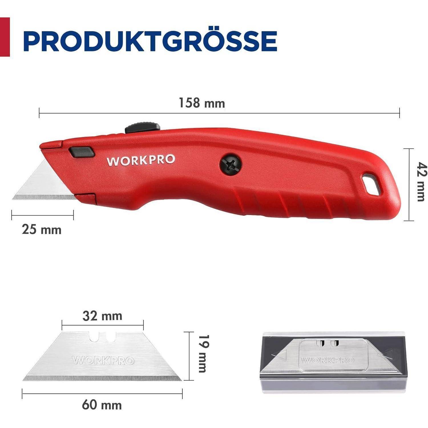 Produktgröße': Roter Utility-Messer mit Beschriftung 'WORKPRO'; Abmessungen: 158 mm Länge, 25 mm Klingenbreite, 42 mm Höhe. Klinge: 60 mm Breite, 32 mm Höhe, 19 mm Tiefe.