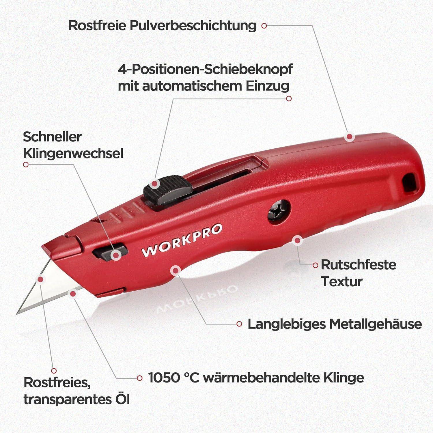 Rotes Universalmesser von 'WORKPRO' mit folgenden Merkmalen: ergonomisches Design, einziehbare Klinge, rutschfeste Textur, Metallgehäuse, rostbeständige Beschichtung.