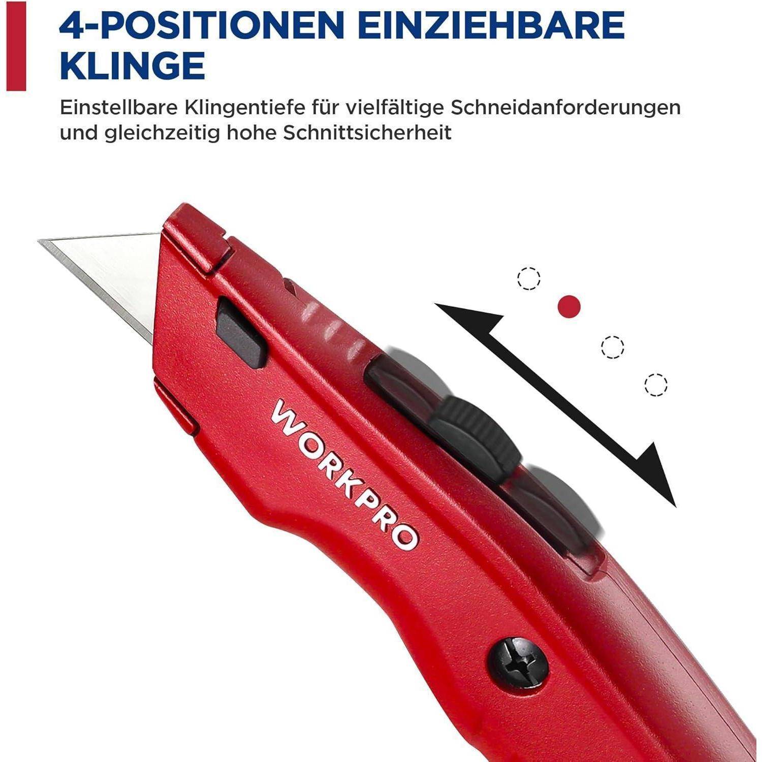 Rotes Utility-Messer mit 'WORKPRO'-Schriftzug. Die Klinge lässt sich in vier Positionen einstellen, gekennzeichnet durch kleine Symbole und Pfeile, die die Funktionalität veranschaulichen.