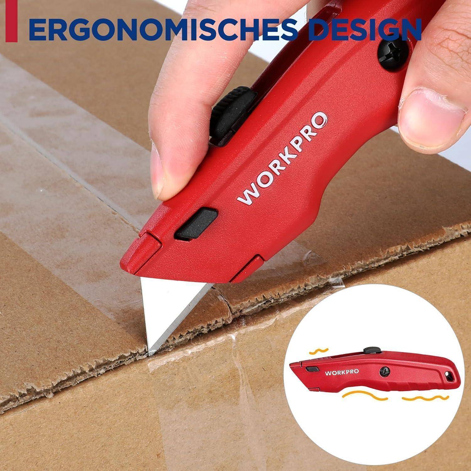 Eine Hand verwendet ein rotes Utility-Messer, um Karton zu durchtrennen. Text oben liest sich ‚Ergonomisches Design.' Ein kleines Bild im Bild zeigt eine Seitenansicht des Messers.