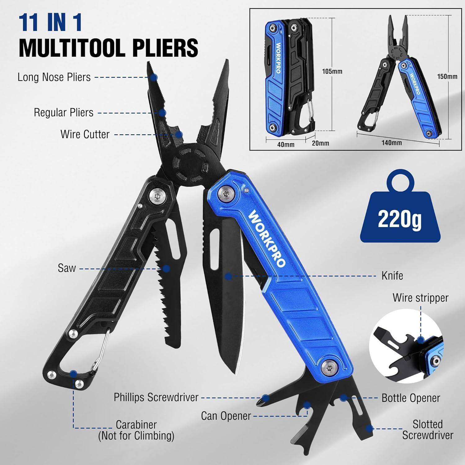 11 in 1 Multitool Zange' zeigt ein kompaktes Multitool mit Langschnabelzange, Drahtschneider, Säge, Kreuzschlitzschraubendreher, Messer, Abisolierwerkzeug, Dosenöffner, Flaschenöffner, Karabiner und Schlitzschraubendreher. Gesamtgewicht: 220g.