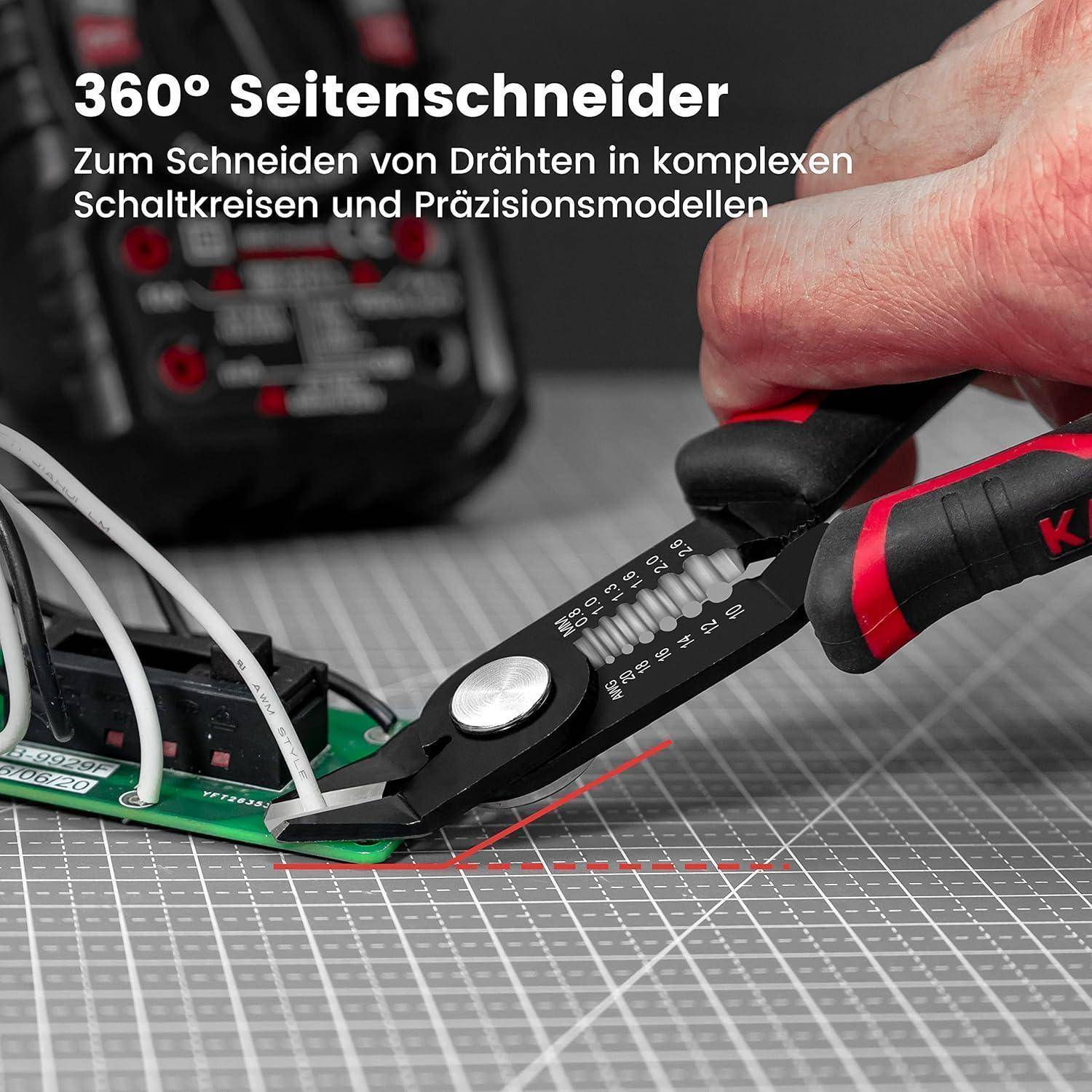 Seitenschneider beim Trimmen von Drähten auf einer Leiterplatte, mit Betonung auf Präzision beim Schneiden von Leitungen und Drähten in komplexen Modellen.