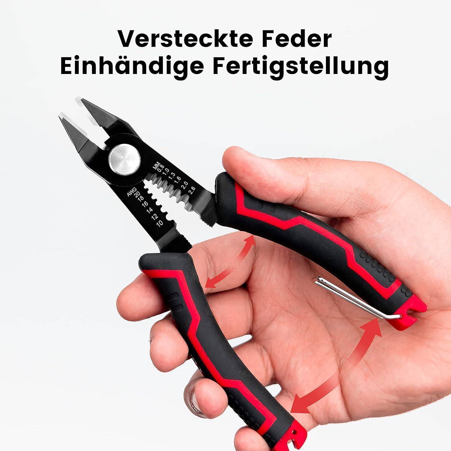 Eine Hand hält ein multifunktionales Werkzeug mit Zangen, wobei ein roter Pfeil eine einhändige Bedienung anzeigt. Deutscher Text liest sich: 'Versteckte Feder Einhändige Fertigstellung'.