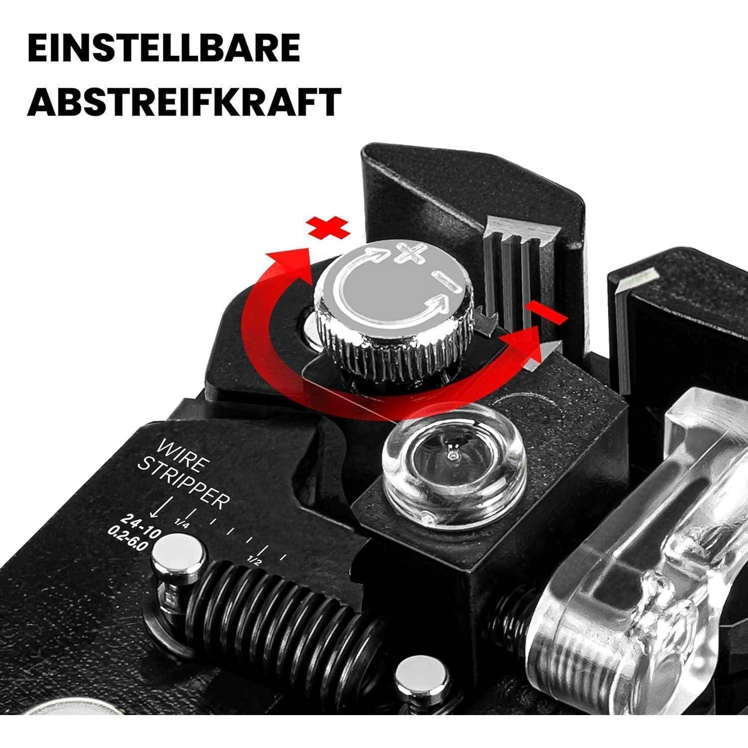 Ein Abisolierwerkzeug mit einstellbarer Abisolierkraft mit Anweisungen auf Deutsch. Schlüsselkomponenten sind mit Richtungspfeilen hervorgehoben.