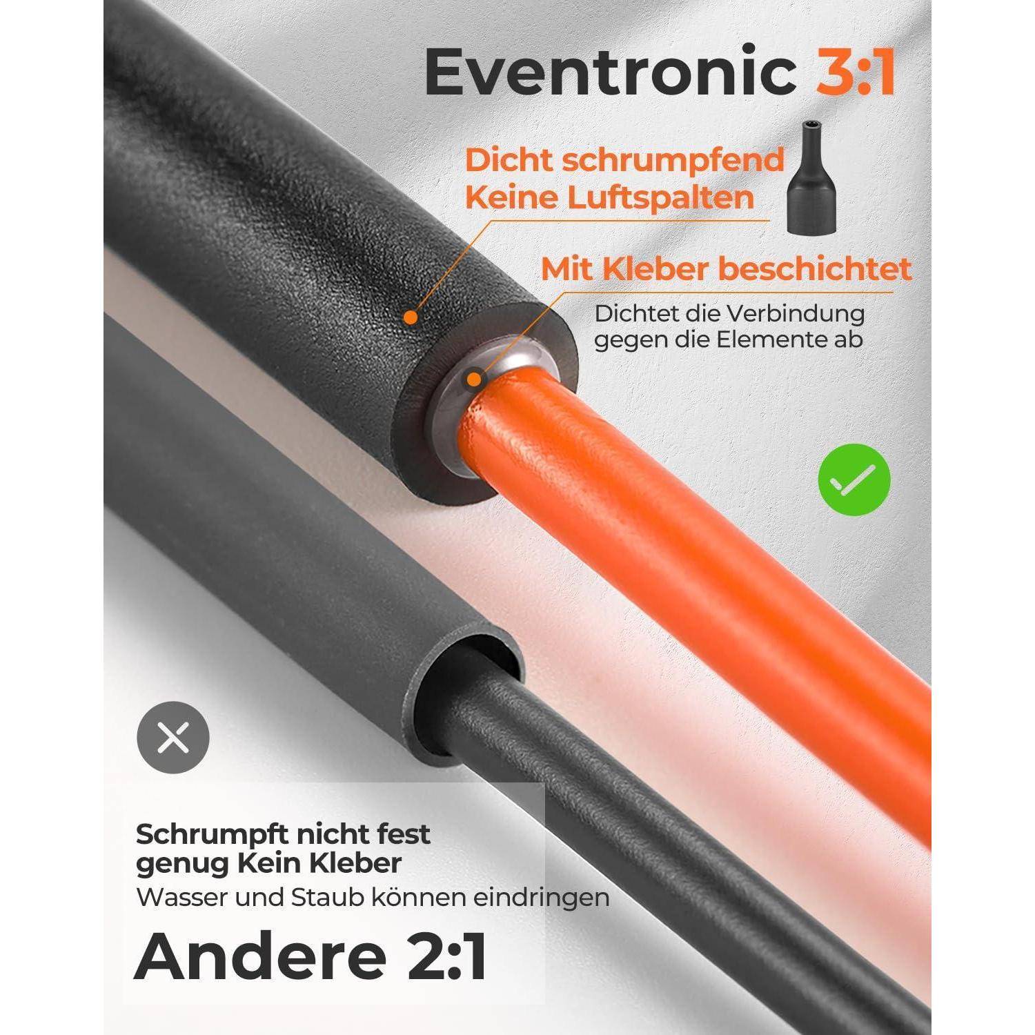 Das Bild vergleicht zwei Schrumpfverhältnisse von Schlauch. 'Eventronic 3:1' bietet eine dichtere Versiegelung mit Klebstoff, während 'Andere 2:1' dies nicht tut.