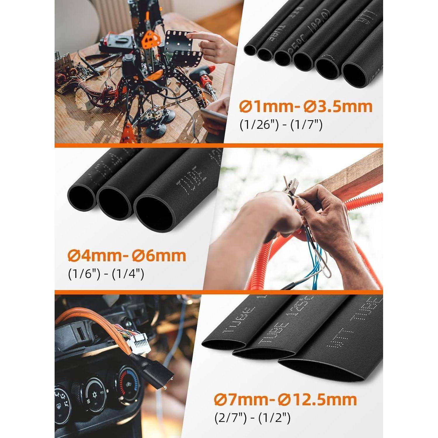 Fünf Bilder zeigen Rohre und Schläuche in verschiedenen Kontexten: Elektronikfertigung, Kabelführung und Automobilanwendungen, mit Größenangaben von 1,5 mm bis 12,5 mm.