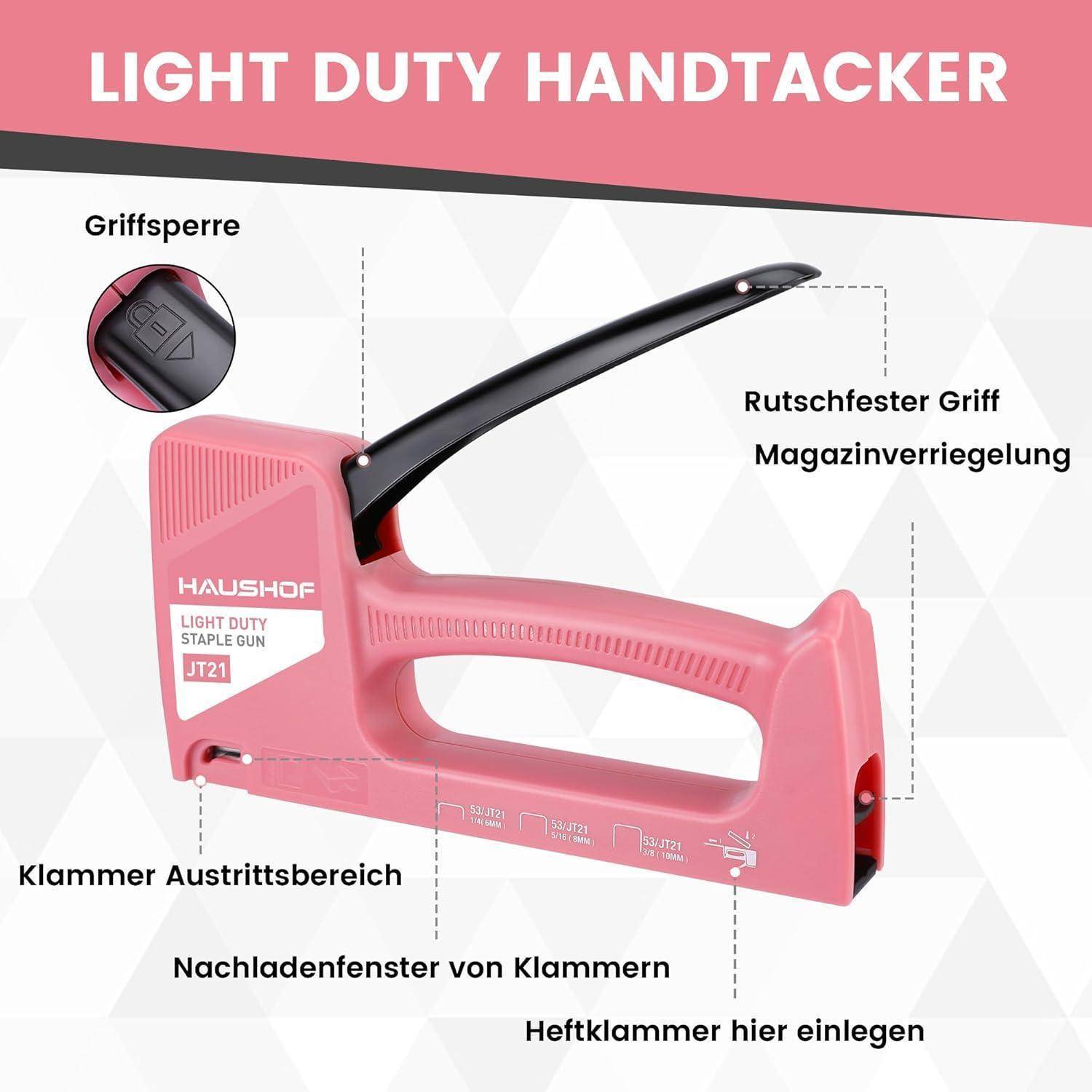 Ein Lehrbildschirm zeigt einen rosa Handtacker mit Beschriftungen, die auf verschiedene Teile hinweisen: Sicherheitsverriegelung, rutschfester Griff, Magazinverriegelung, Klammern-Ausgabebereich und Ladebereich.