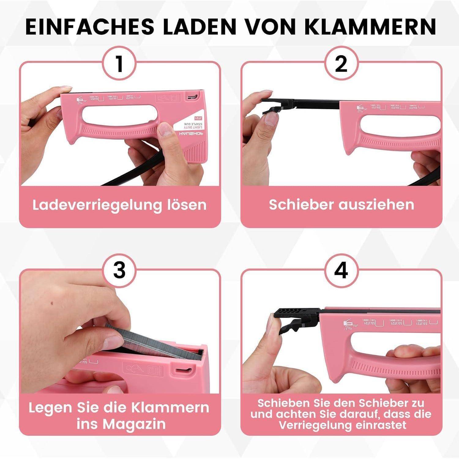Vierschritte-Anleitung zum Laden von Heftklammern: 1) Verriegelung öffnen, 2) Schieber herausziehen, 3) Heftklammern in den Magazinschacht einsetzen, 4) Schieber wieder einführen und sicherstellen, dass die Verriegelung einrastet.