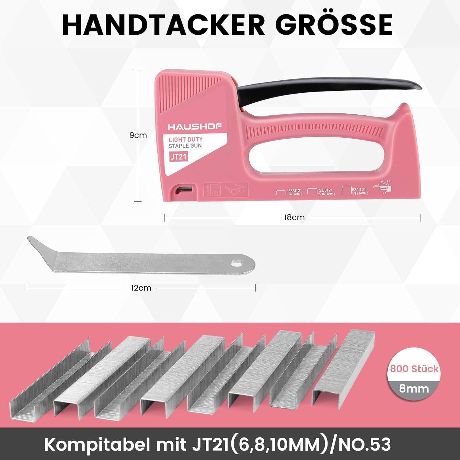 Handtacker Größe, rosa Tacker mit Abmessungen, Klammernentferner, kompatibel mit JT21 (6,8,10 mm)/Nr. 53, 800 Klammern, 8 mm Größe.