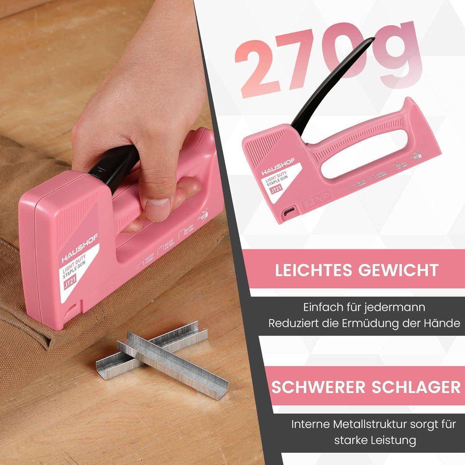 Eine Hand verwendet einen pinken Hefter. Text liest sich: '270g', 'Leichtes Gewicht', 'Einfach für Ermüdung der Hände', 'Schwerer Schläger'.