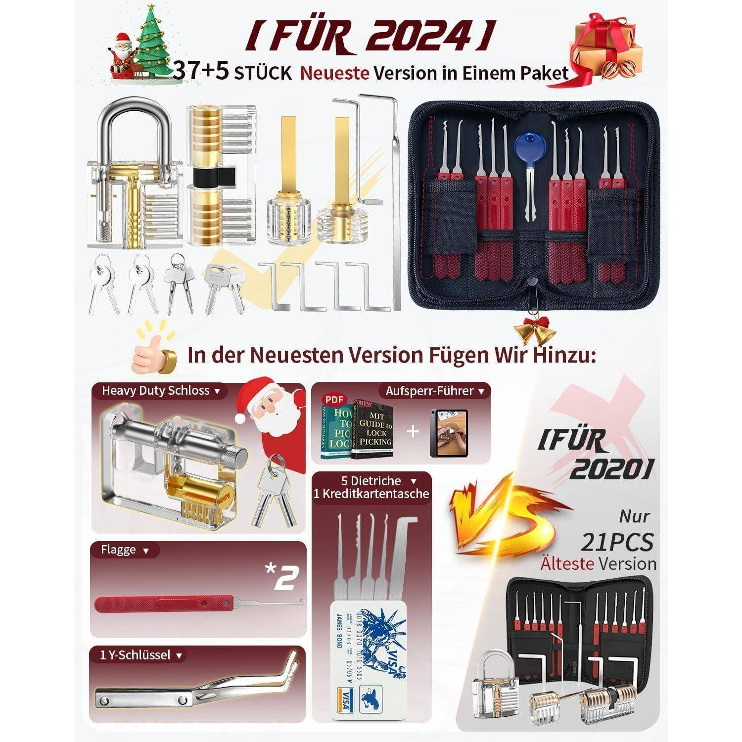 Schloss-Picking-Set 'FÜR 2024' mit 37+5 Teilen. Beinhaltet robuste Schlösser, Picks und Kreditkarten-Lockpicks. Aktualisiert für 2024.