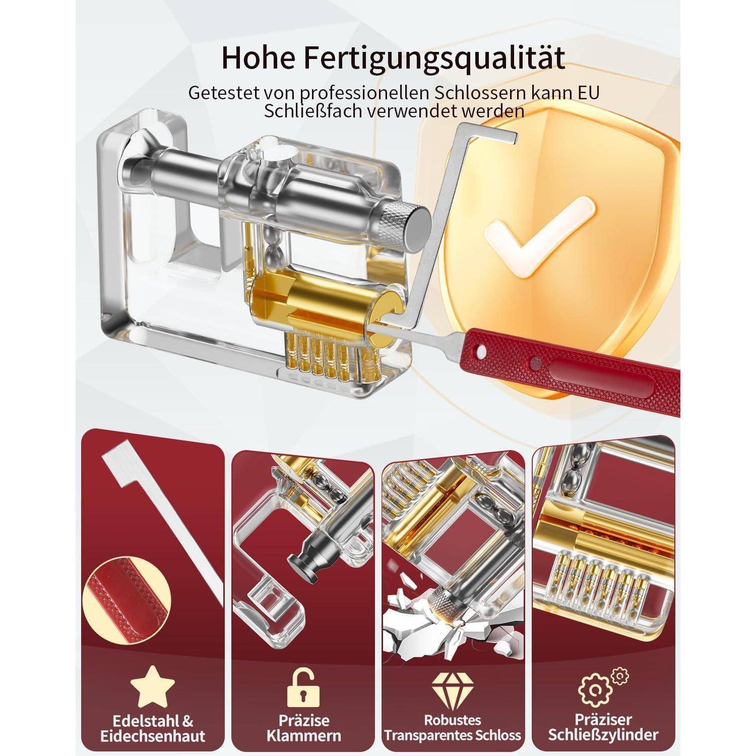 Durchsichtiges Schlossmodell mit sichtbarem Innenmechanismus, gekennzeichnet als hochwertige Fertigungsqualität. Enthält Merkmale: Edelstahl, präzise Clips, robustes transparentes Schloss, präziser Zylinder.